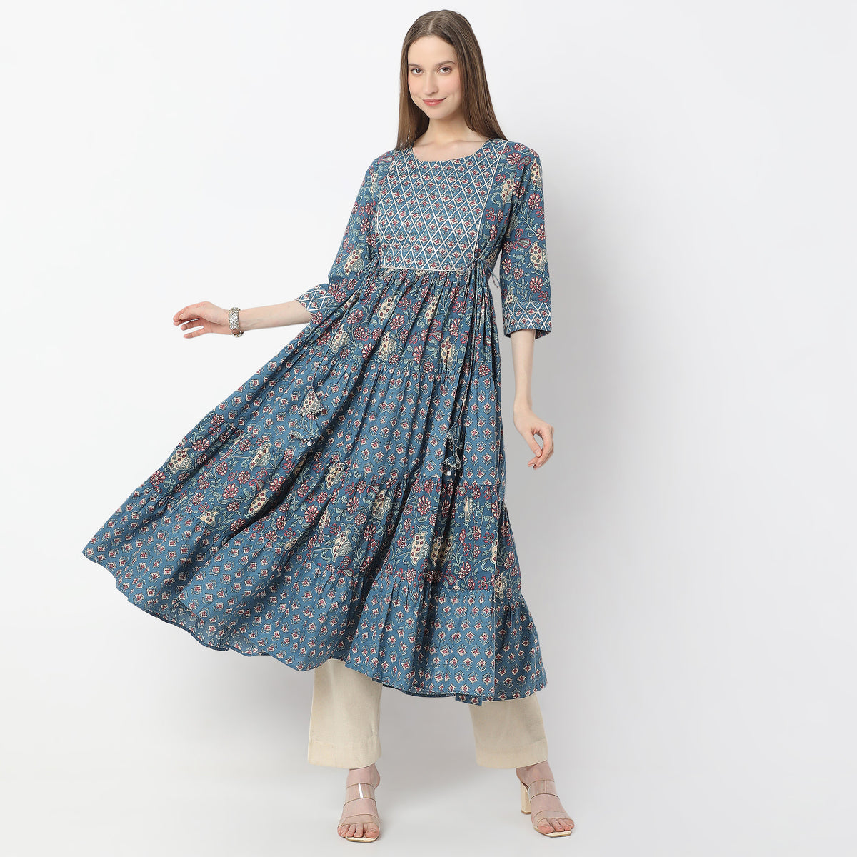 Below Knee Flare Fit Tiered Jaipuri Printed Kurta