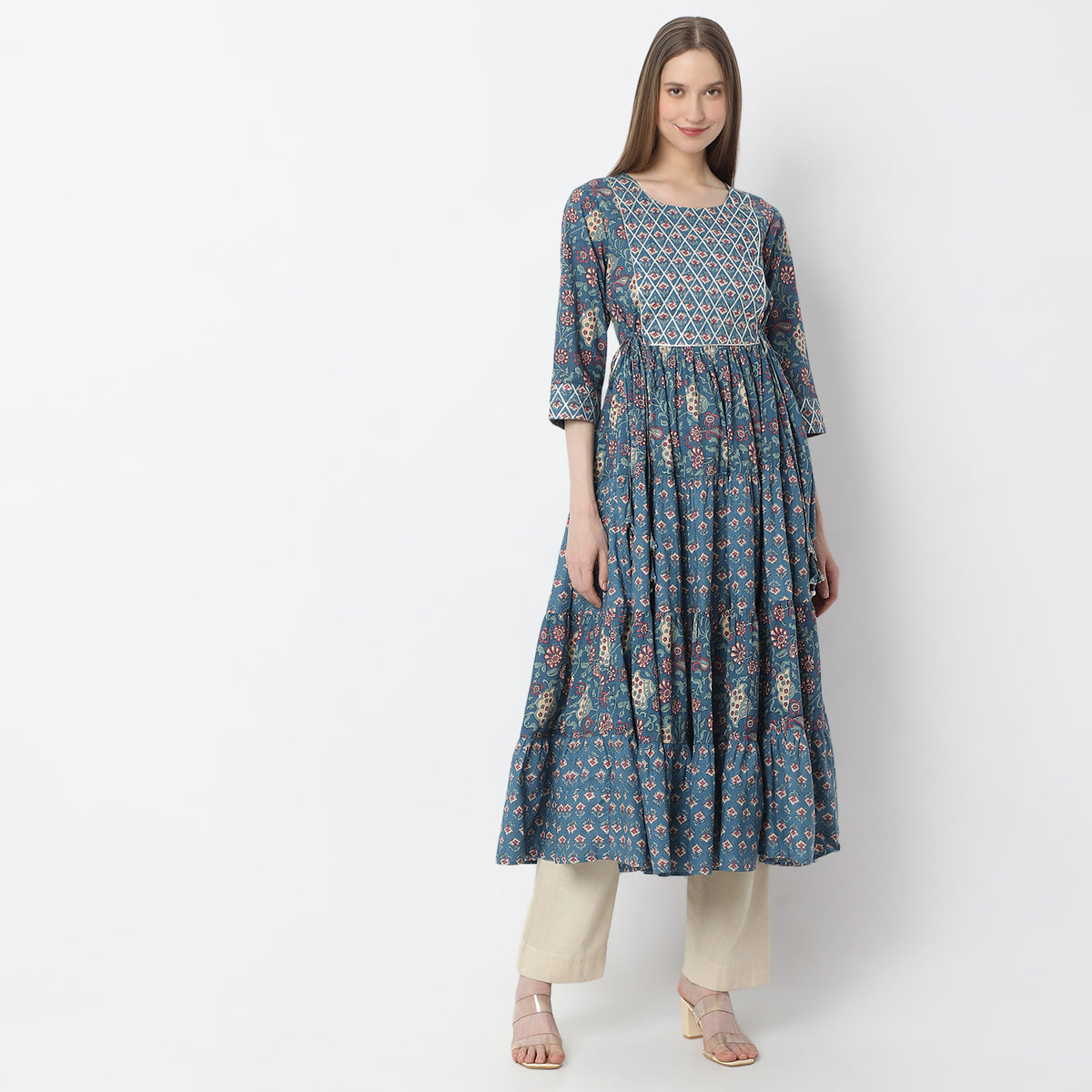 Below Knee Flare Fit Tiered Jaipuri Printed Kurta