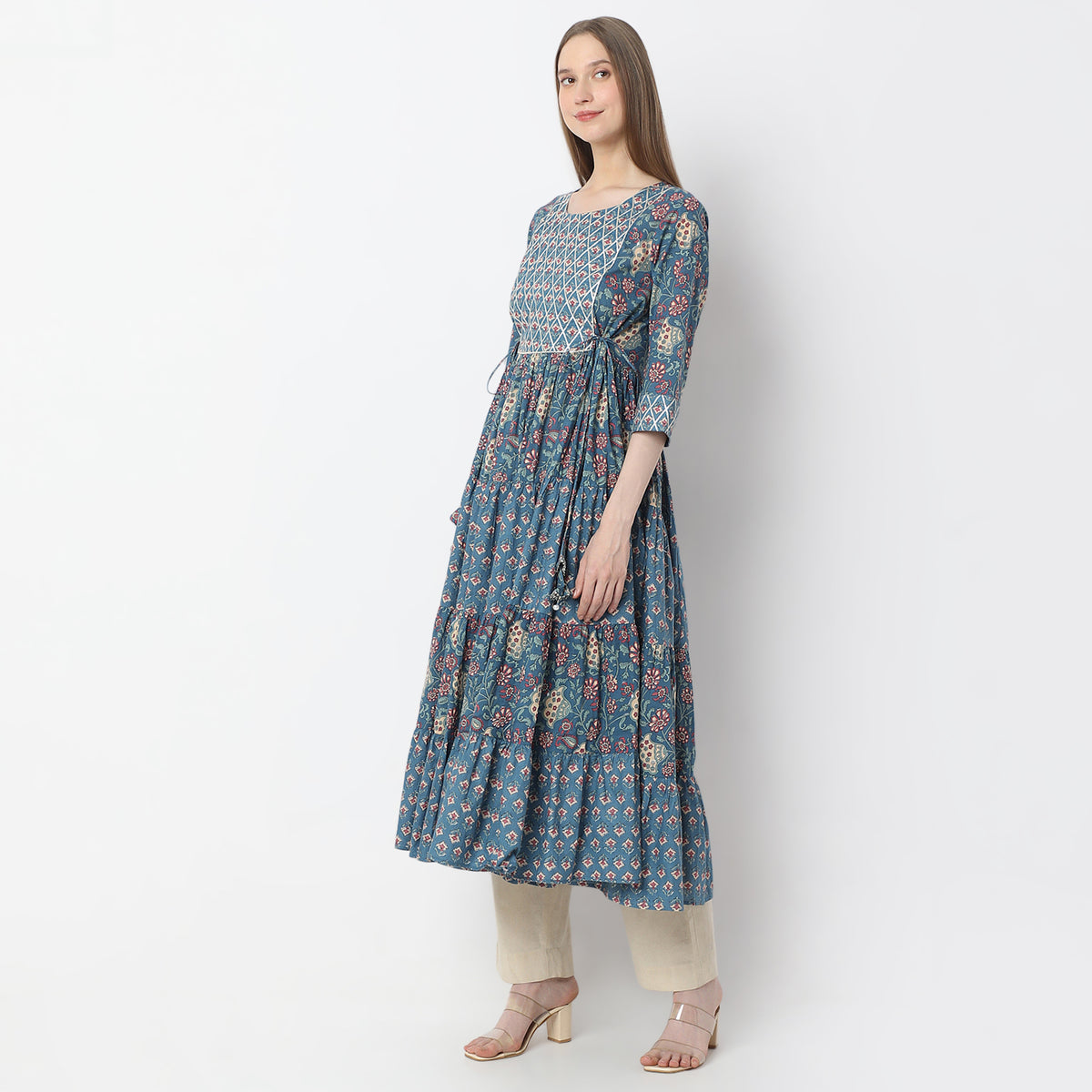 Below Knee Flare Fit Tiered Jaipuri Printed Kurta