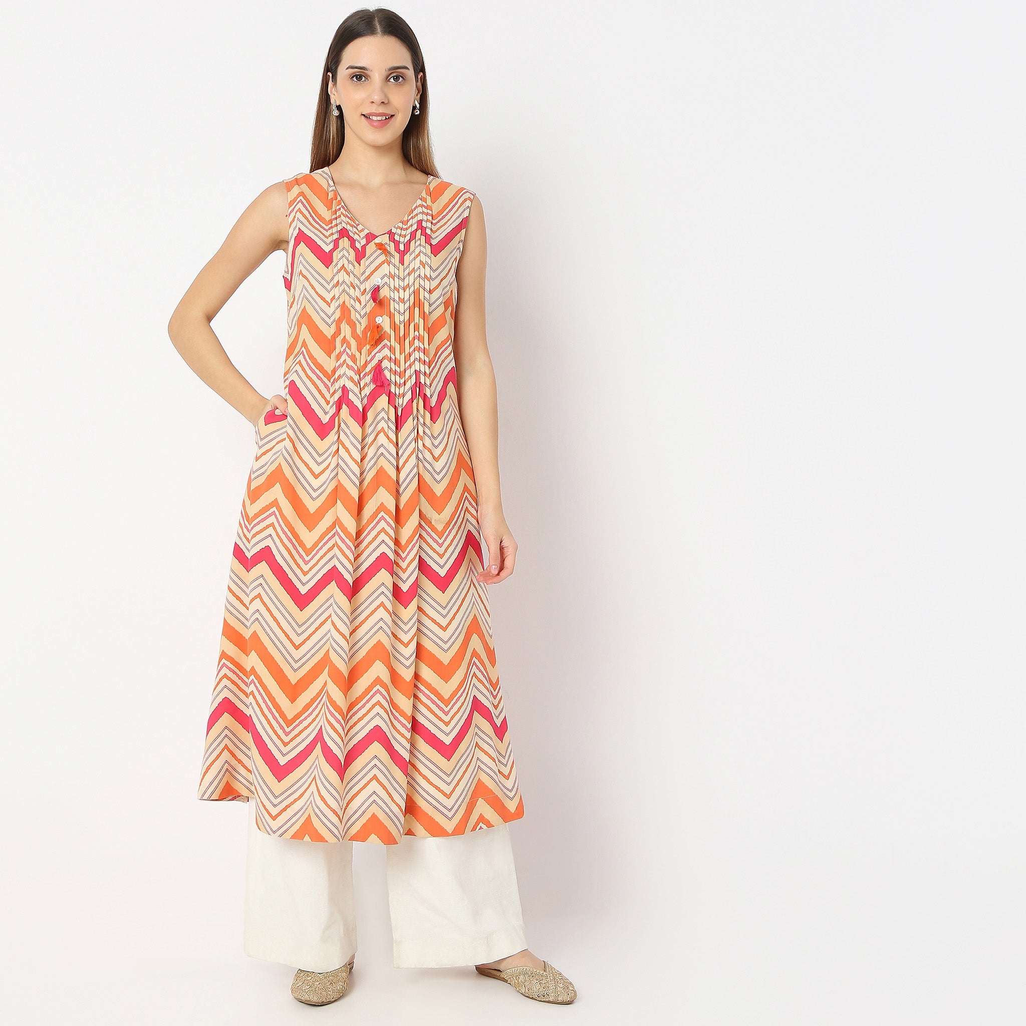 Printed Below Knee Botanical Bliss V-Neck Sleeveless Flared Kurta