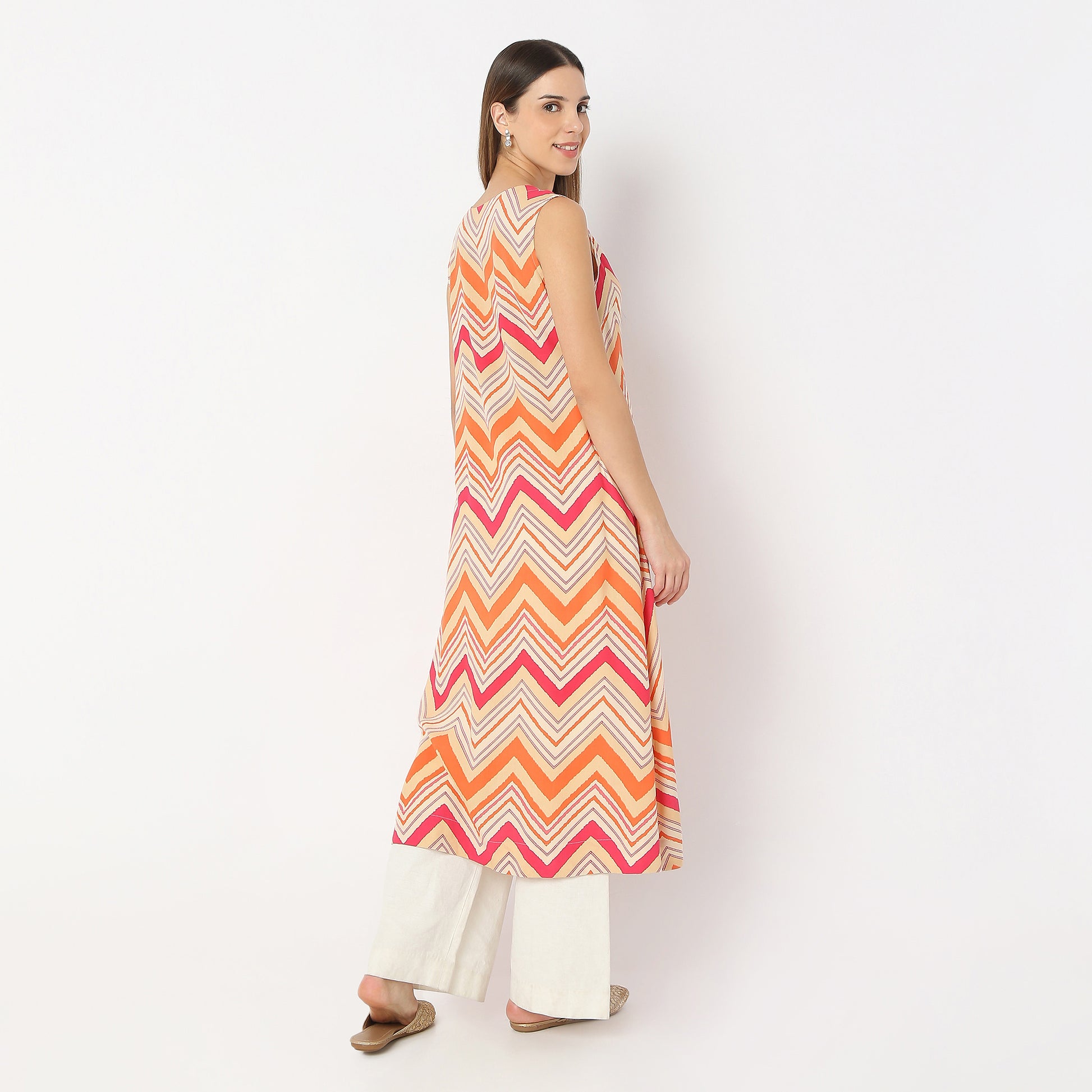 Printed Below Knee Botanical Bliss V-Neck Sleeveless Flared Kurta