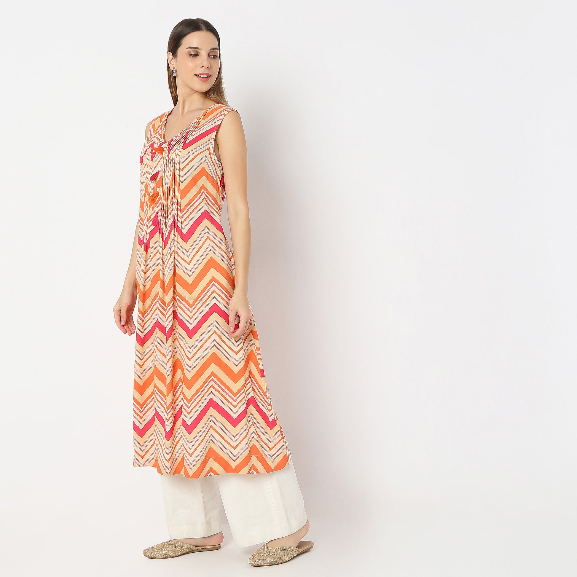 Printed Below Knee Botanical Bliss V-Neck Sleeveless Flared Kurta