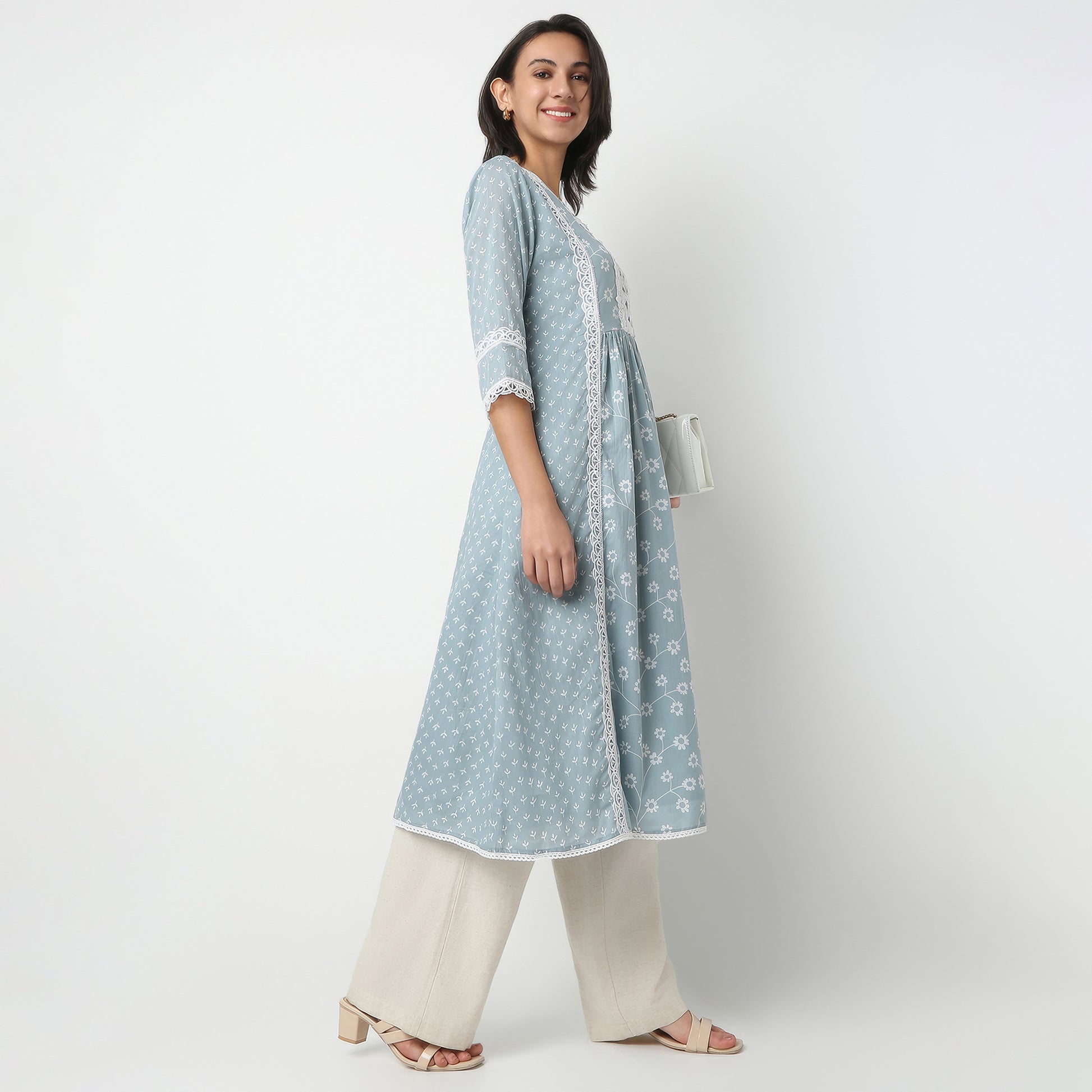 Printed Below Knee Flared Placket Kurta