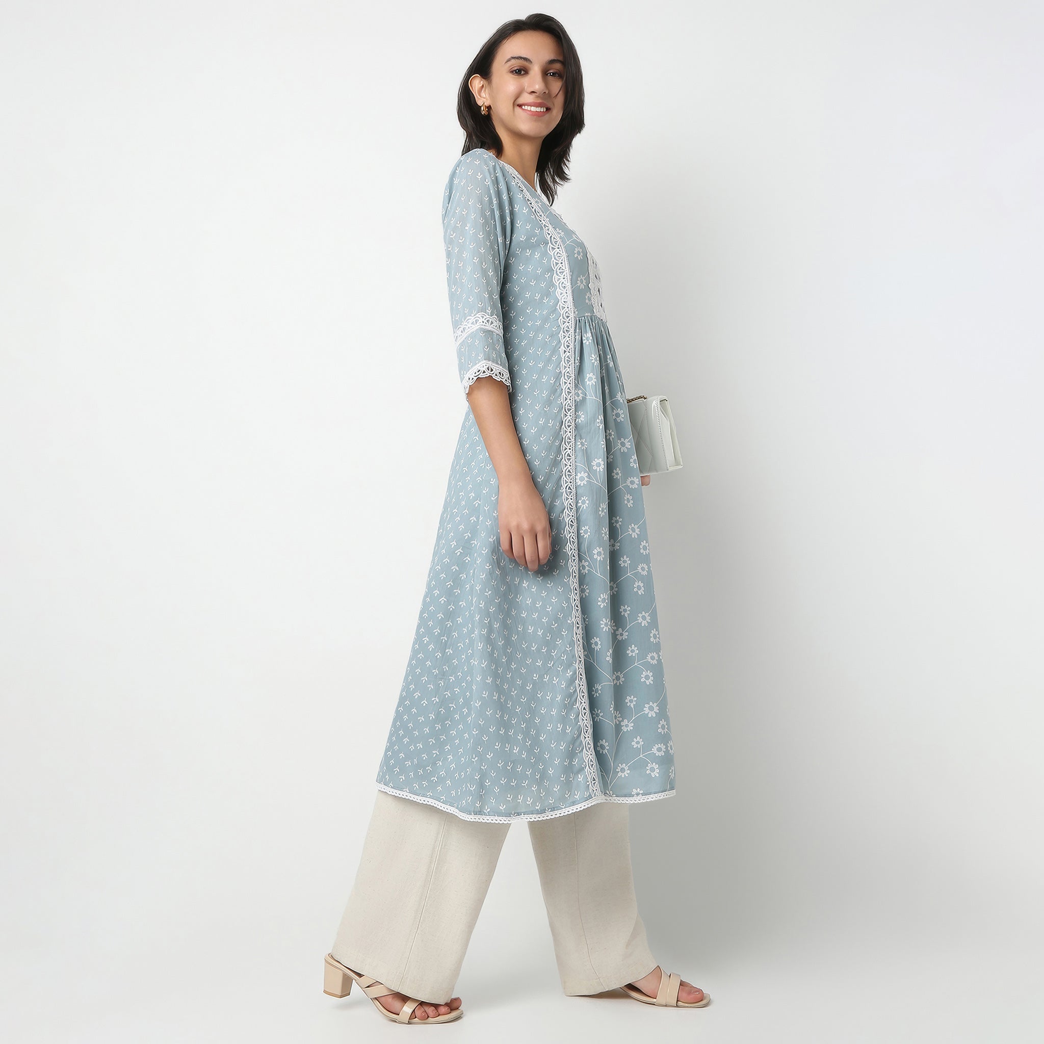 Printed Below Knee Flared Placket Kurta