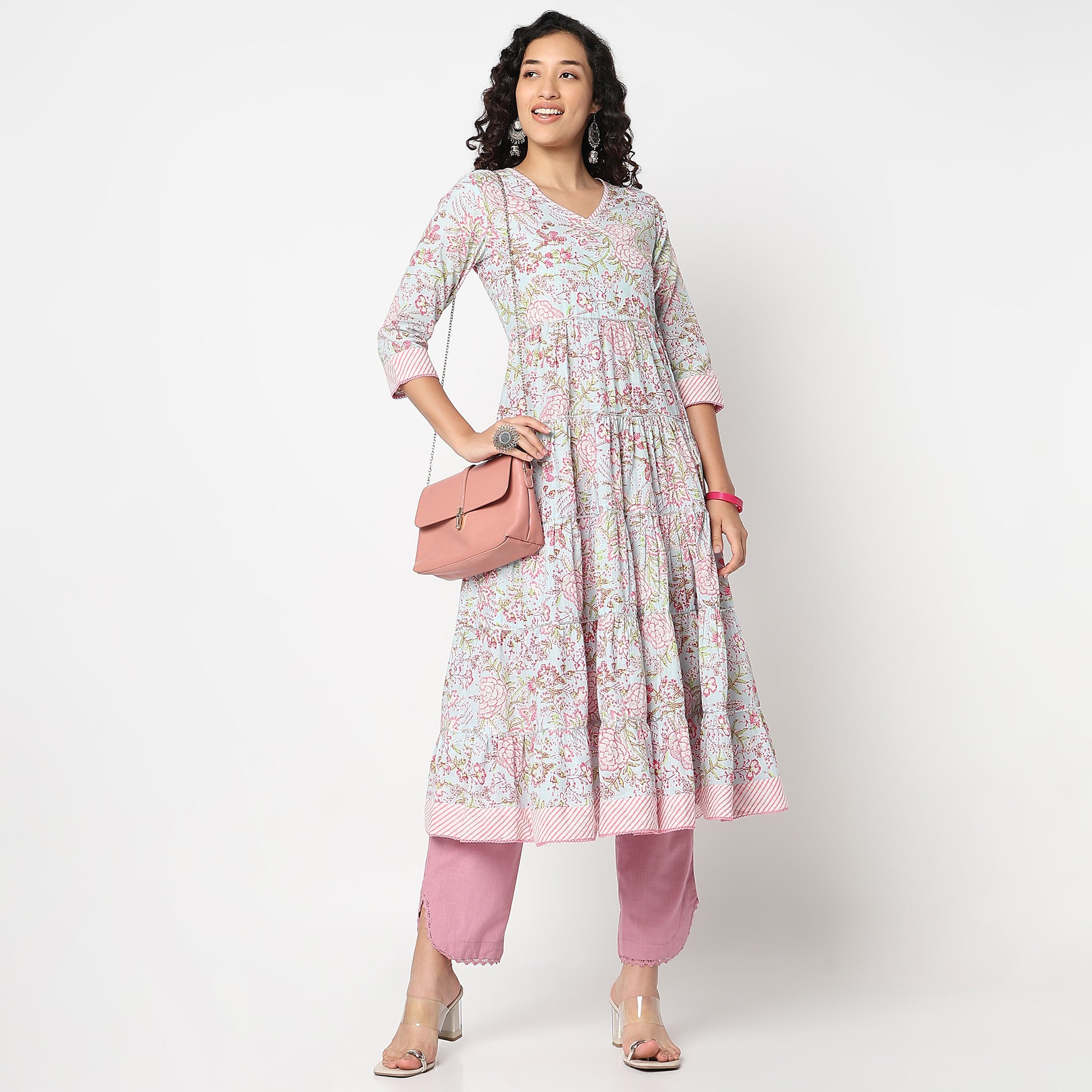 Flare Fit V-Neck Printed Kurta 