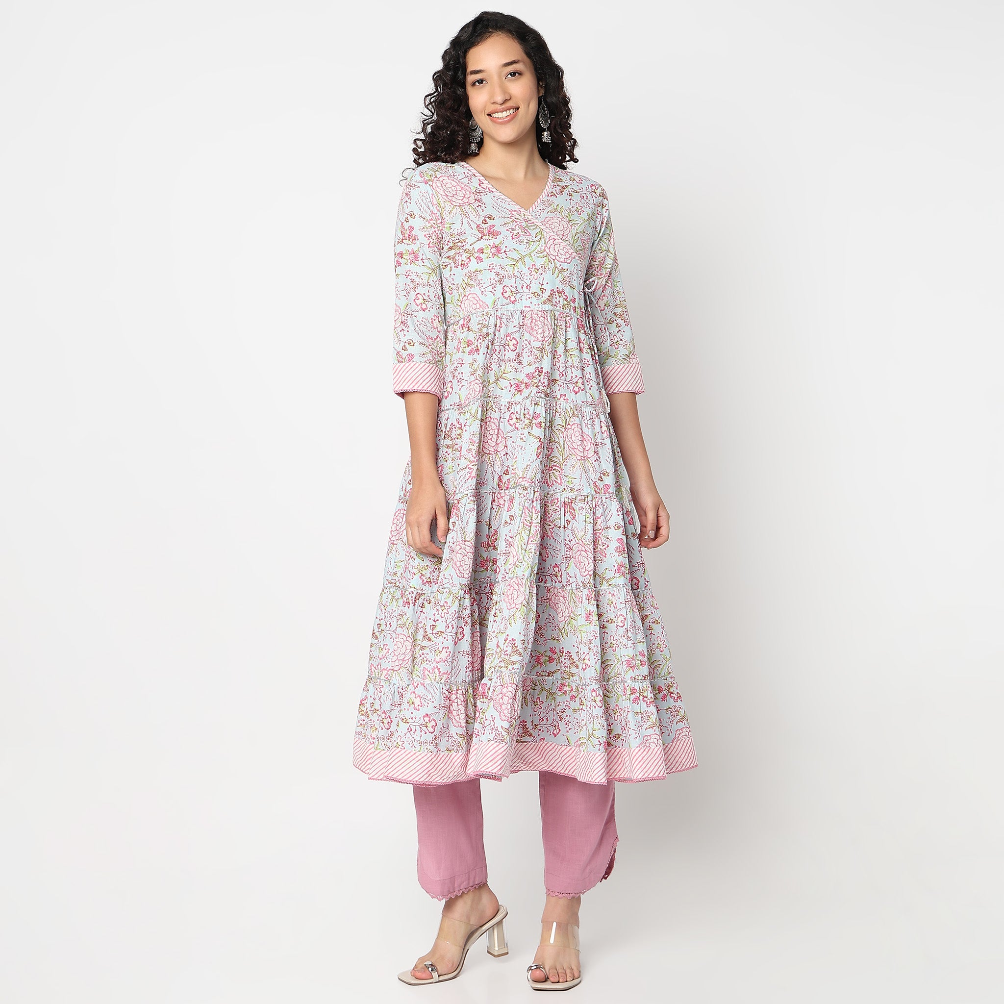 Flare Fit V-Neck Printed Kurta 