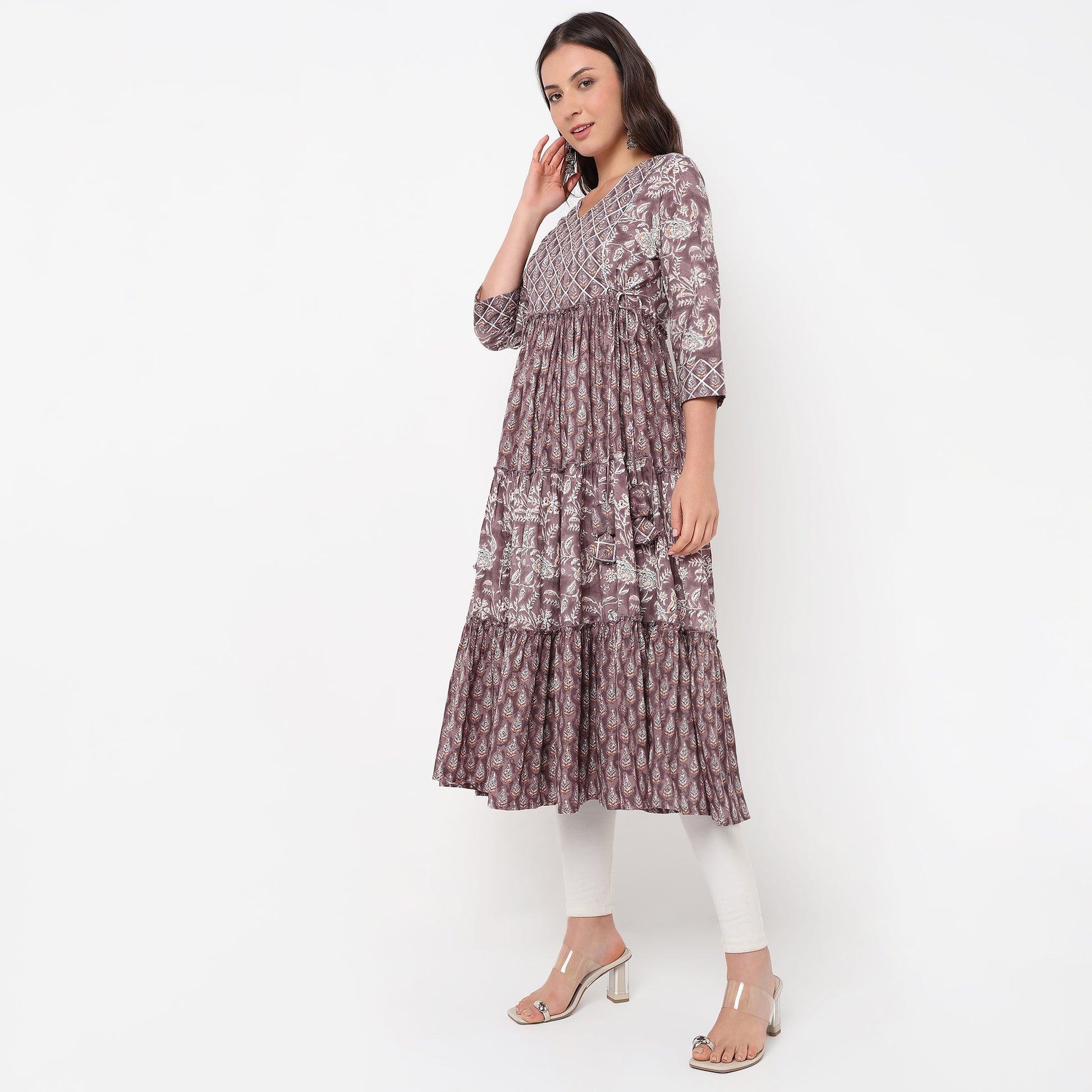 Flare Fit V-Neck Printed Kurta 
