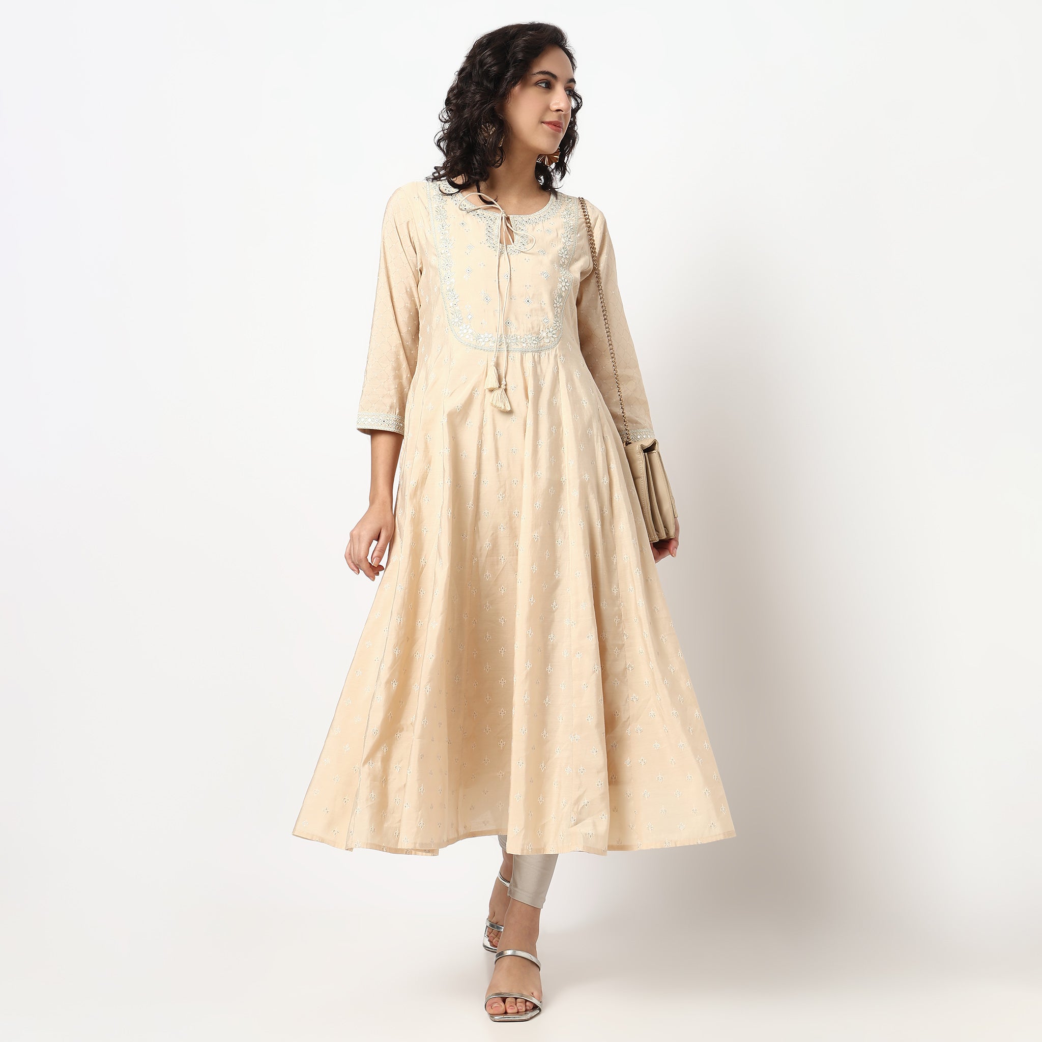 Buy Women Flare Fit Embroidered Three-Fourth Sleeve Kurta  - Style Union