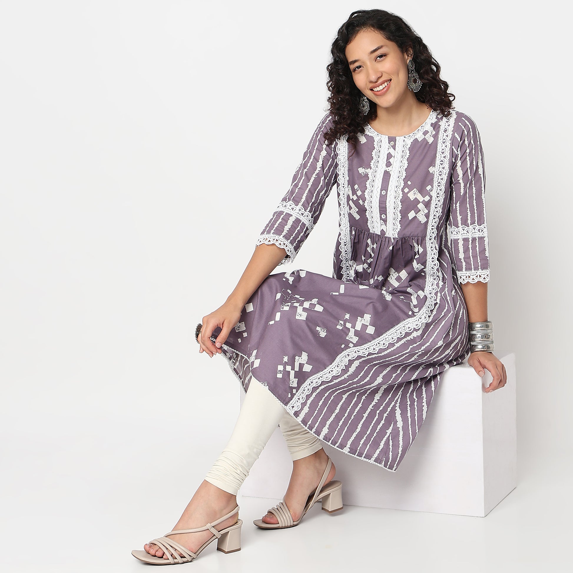 Abstract Printed Kurta with Lace Highlight