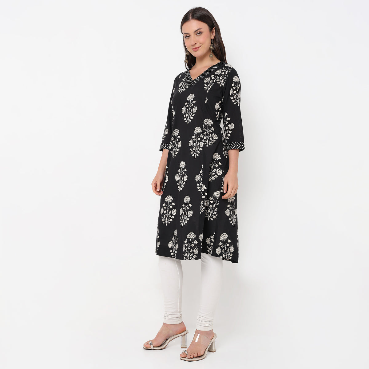 Flare Fit V-Neck Printed Kurta 