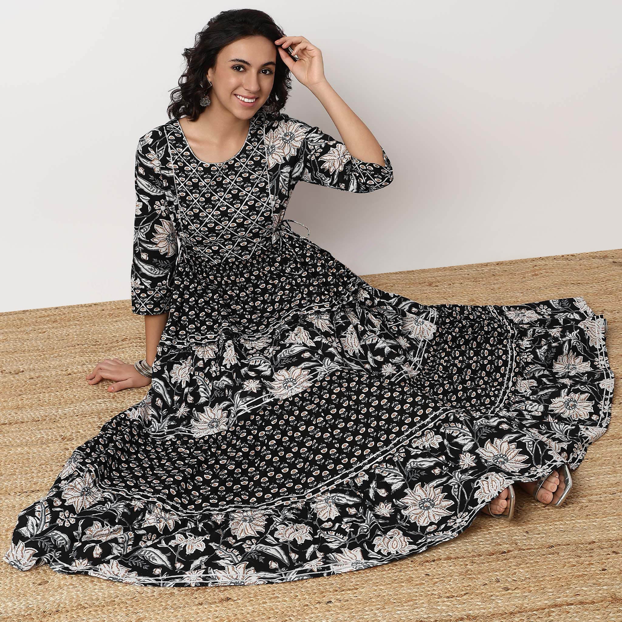 Floral Print Flared Tiered Kurta