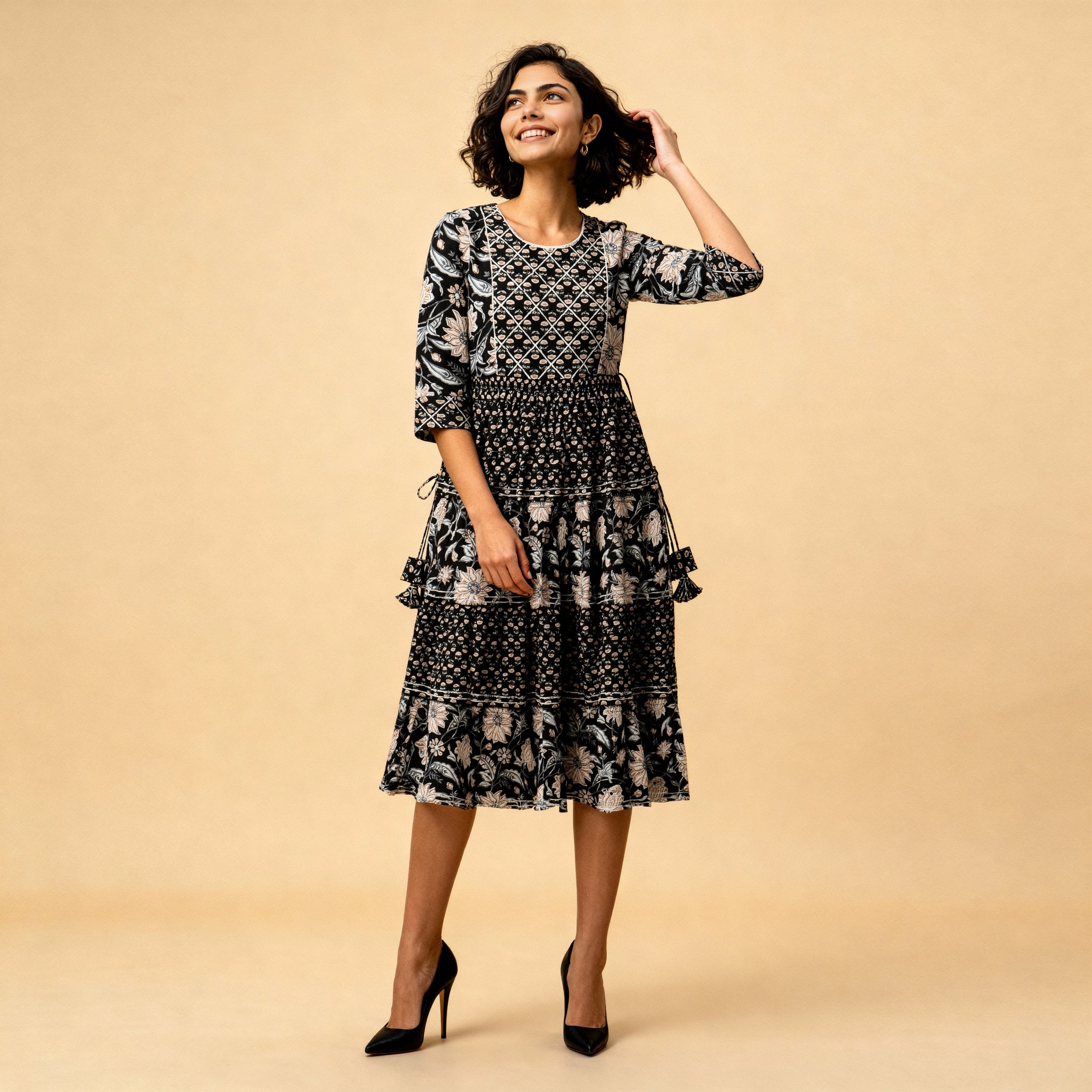 Floral Print Flared Tiered Kurta