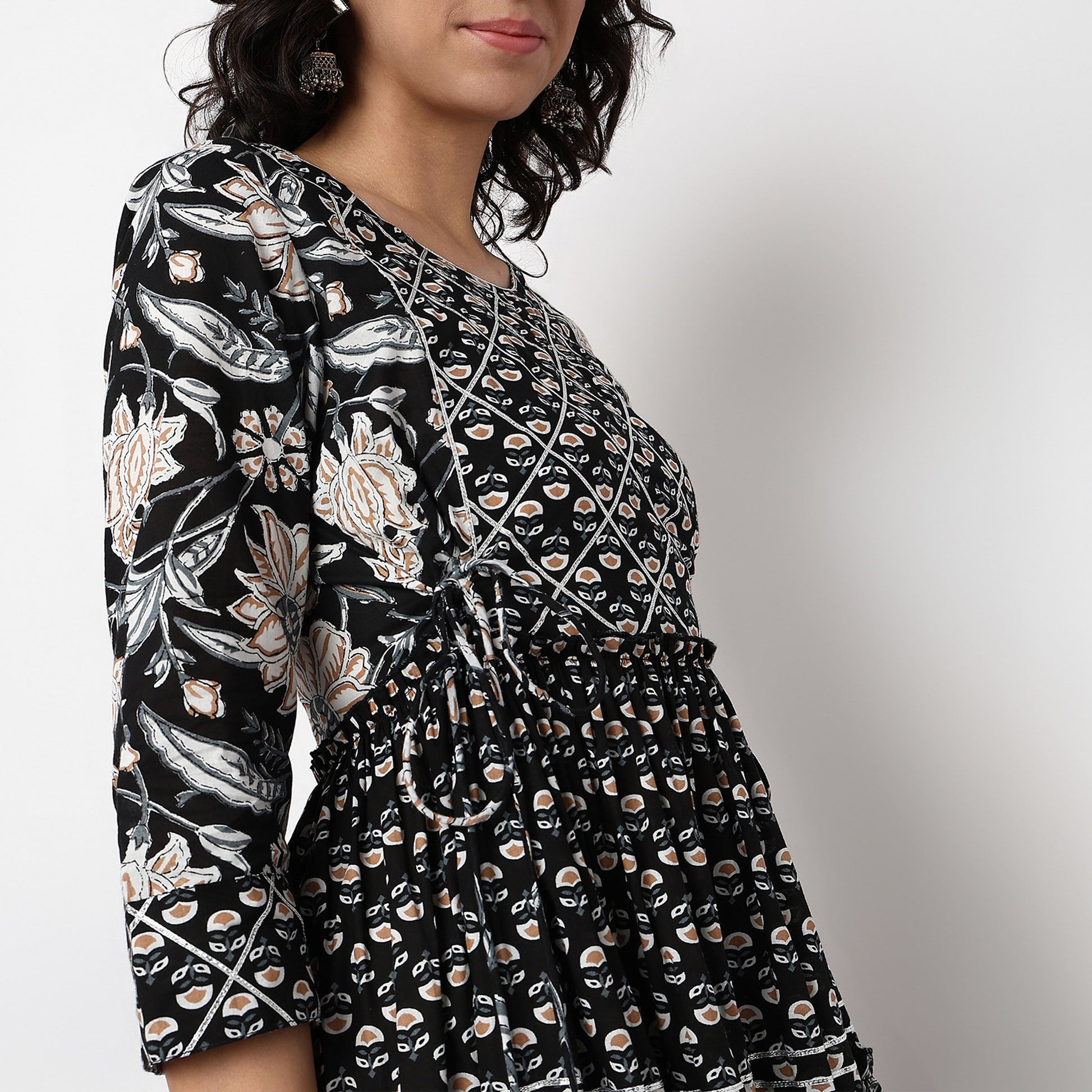 Floral Print Flared Tiered Kurta