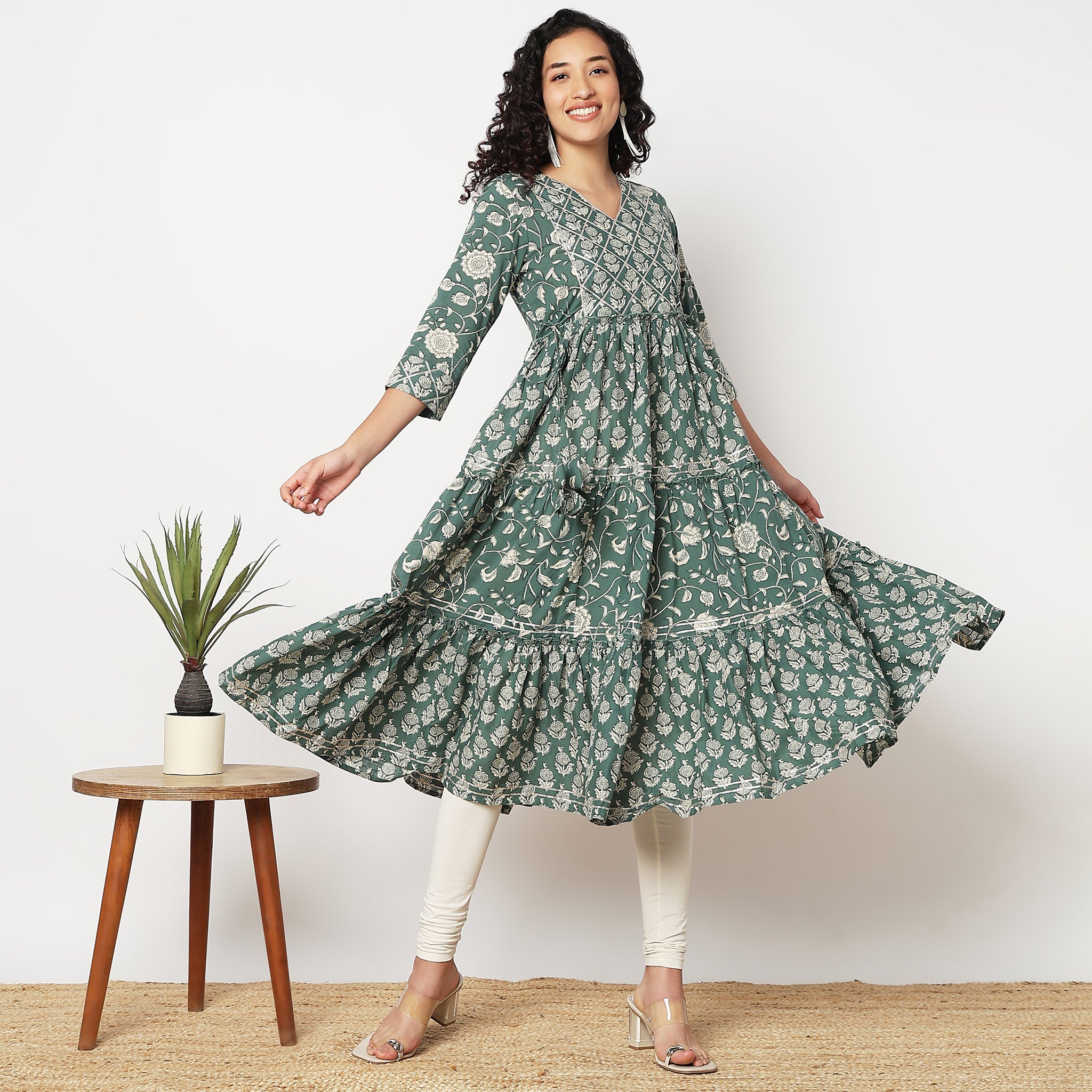 Flare Fit V-Neck Printed Kurta 