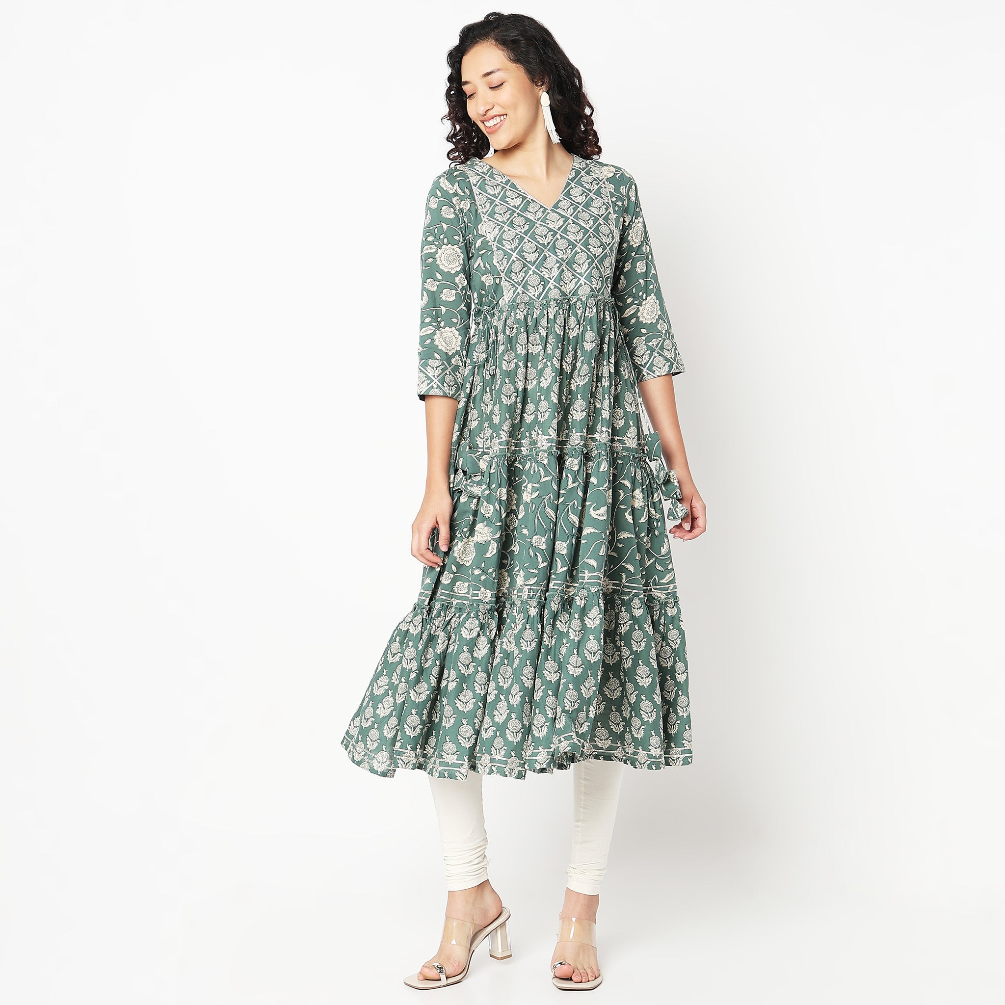 Flare Fit V-Neck Printed Kurta 