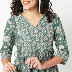 Flare Fit V-Neck Printed Kurta 