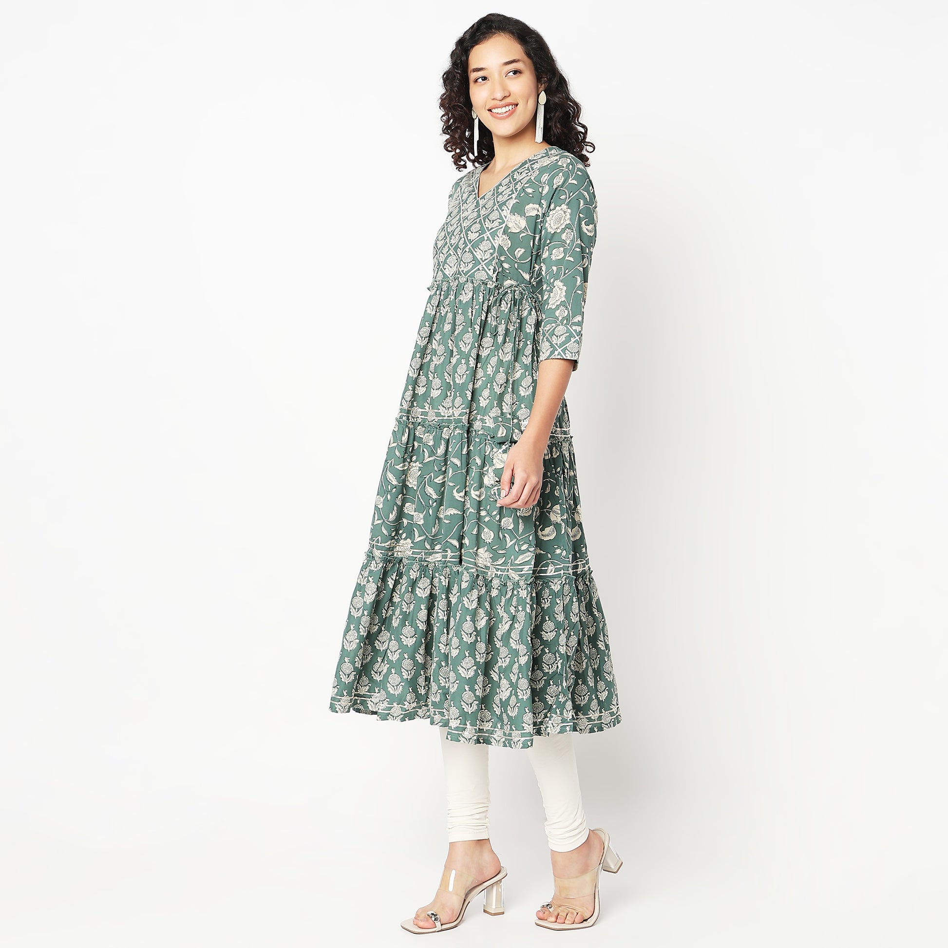 Flare Fit V-Neck Printed Kurta 