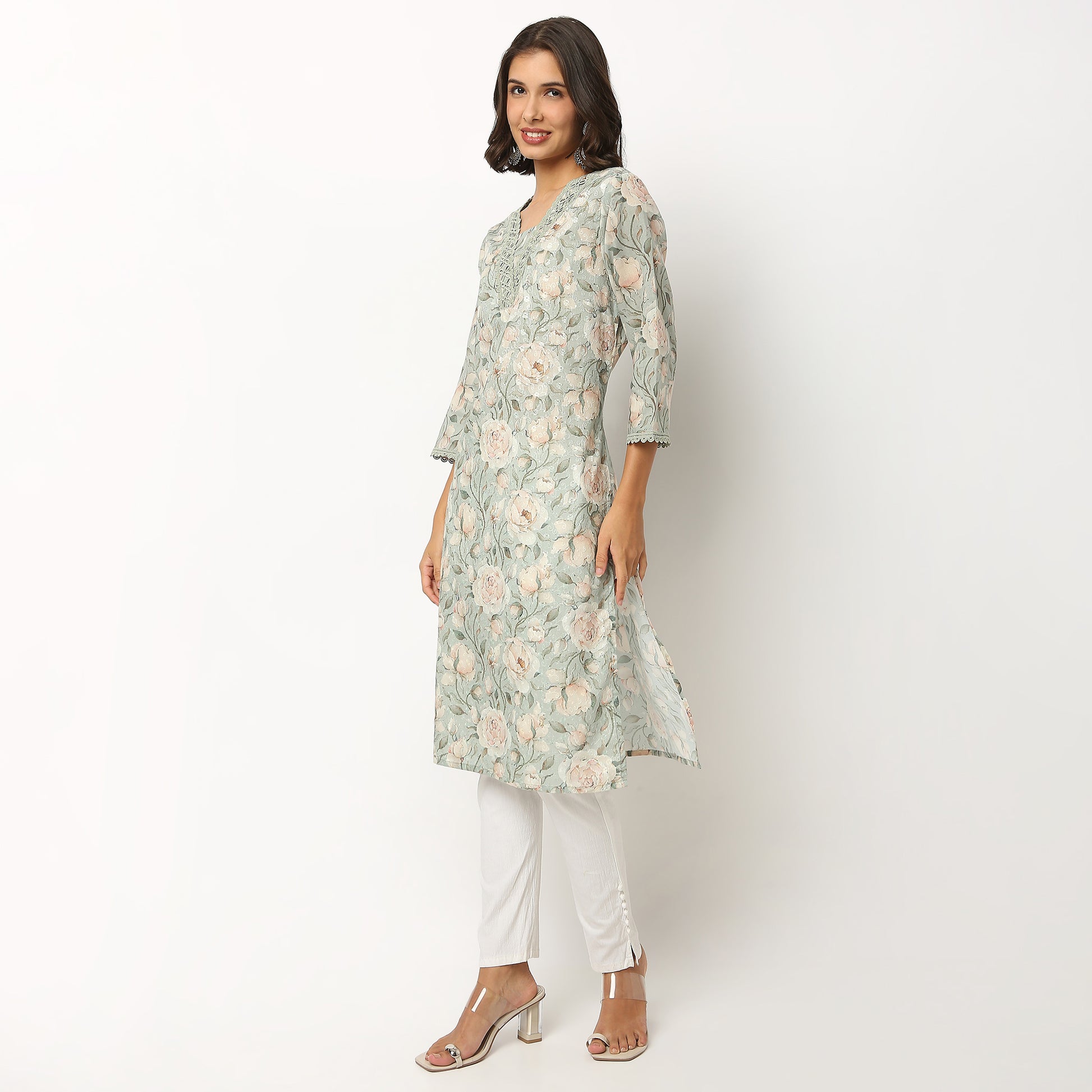 Buy Women Straight Fit Printed Three-Fourth Sleeve Kurta  - Style Union