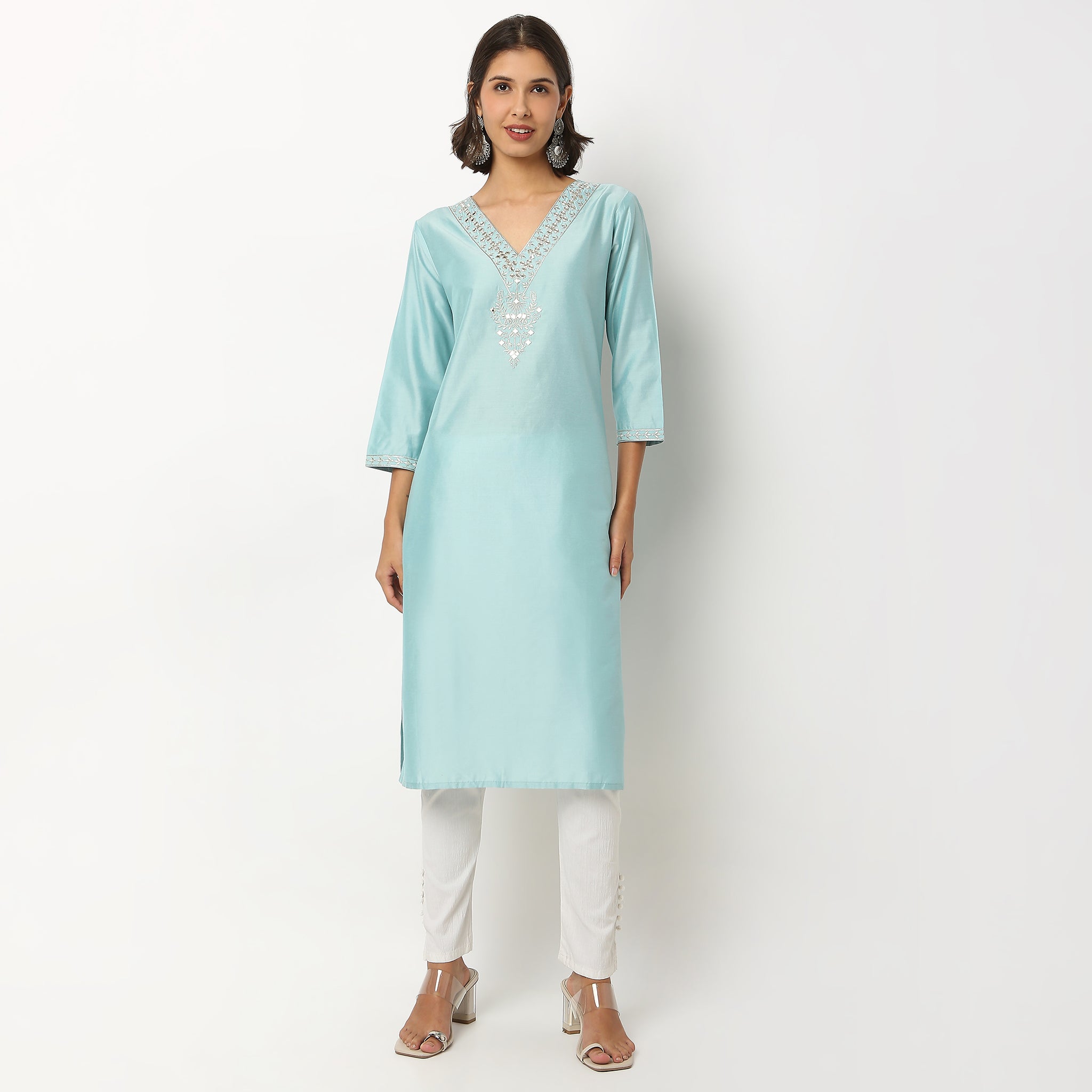 Buy Women Straight Fit Embroidered Three-Fourth Sleeve Kurta  - Style Union