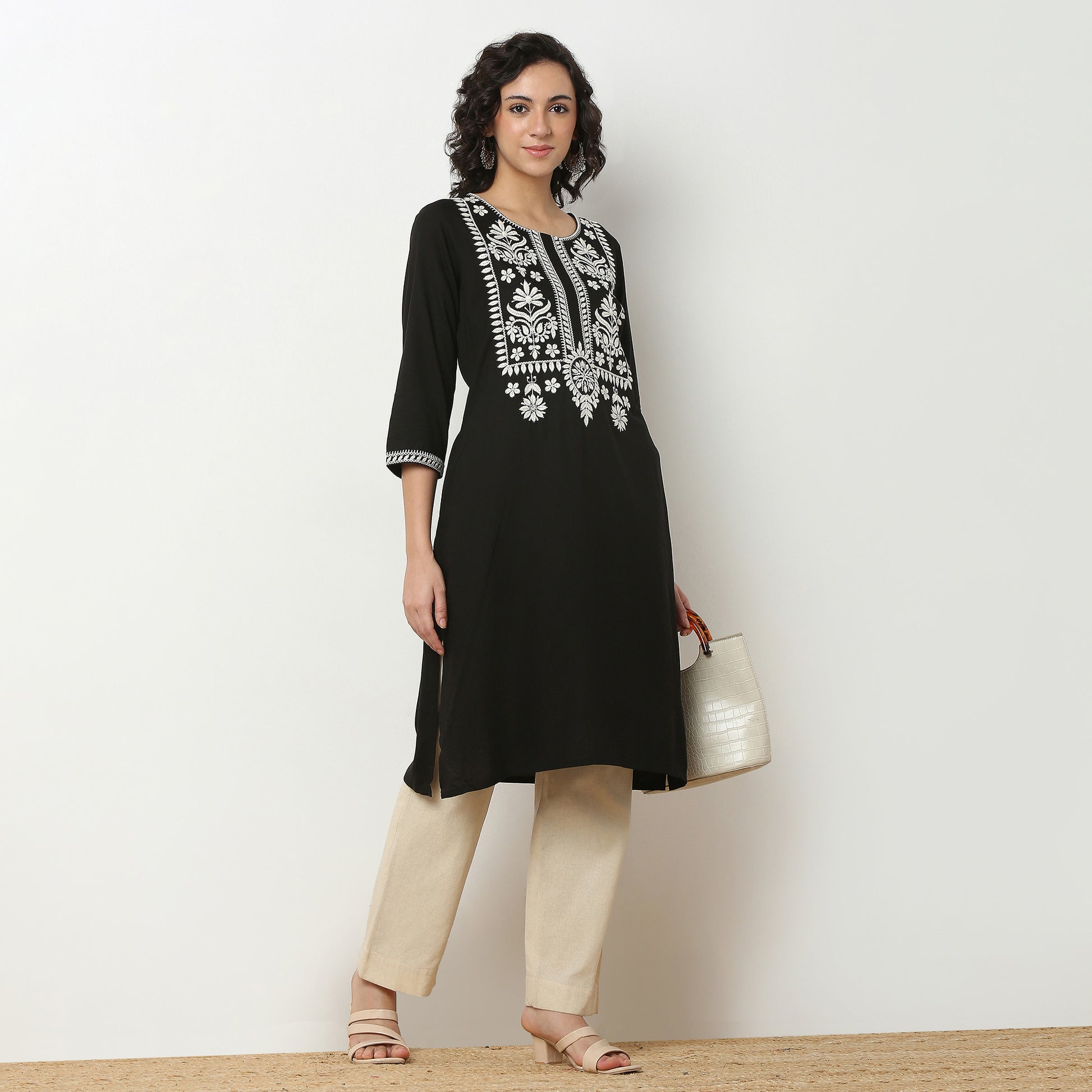 Embroidered Rayon Kurta, Knee Length