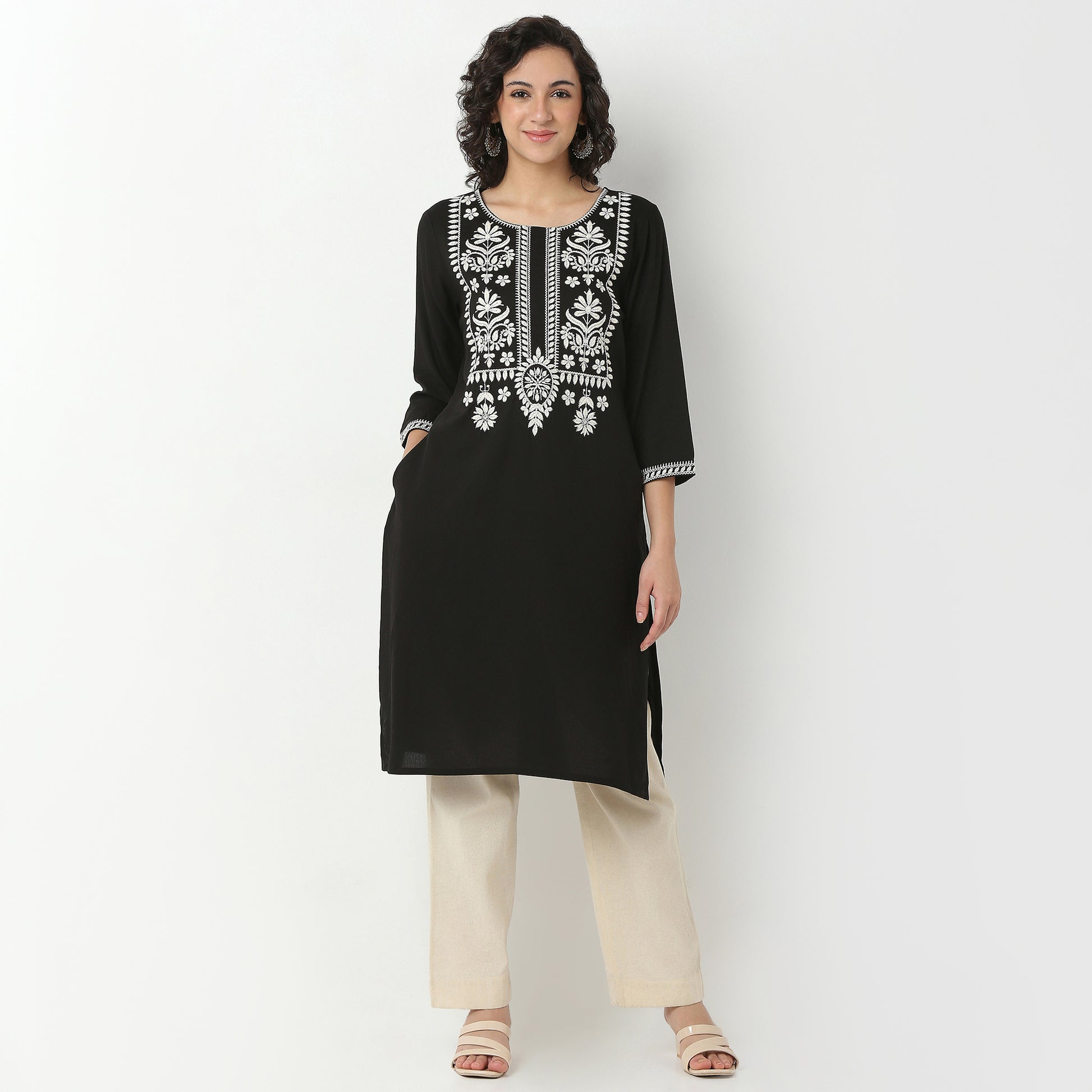 Embroidered Rayon Kurta, Knee Length