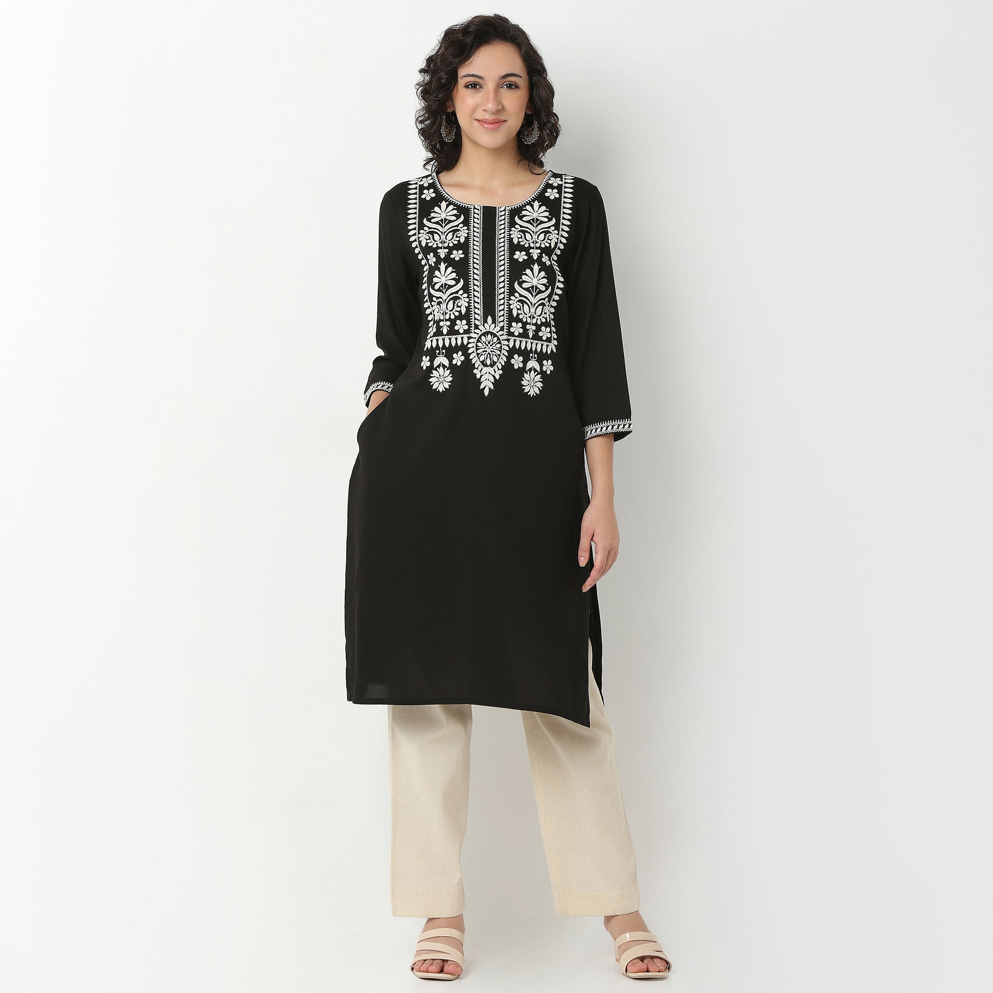 Embroidered Rayon Kurta, Knee Length
