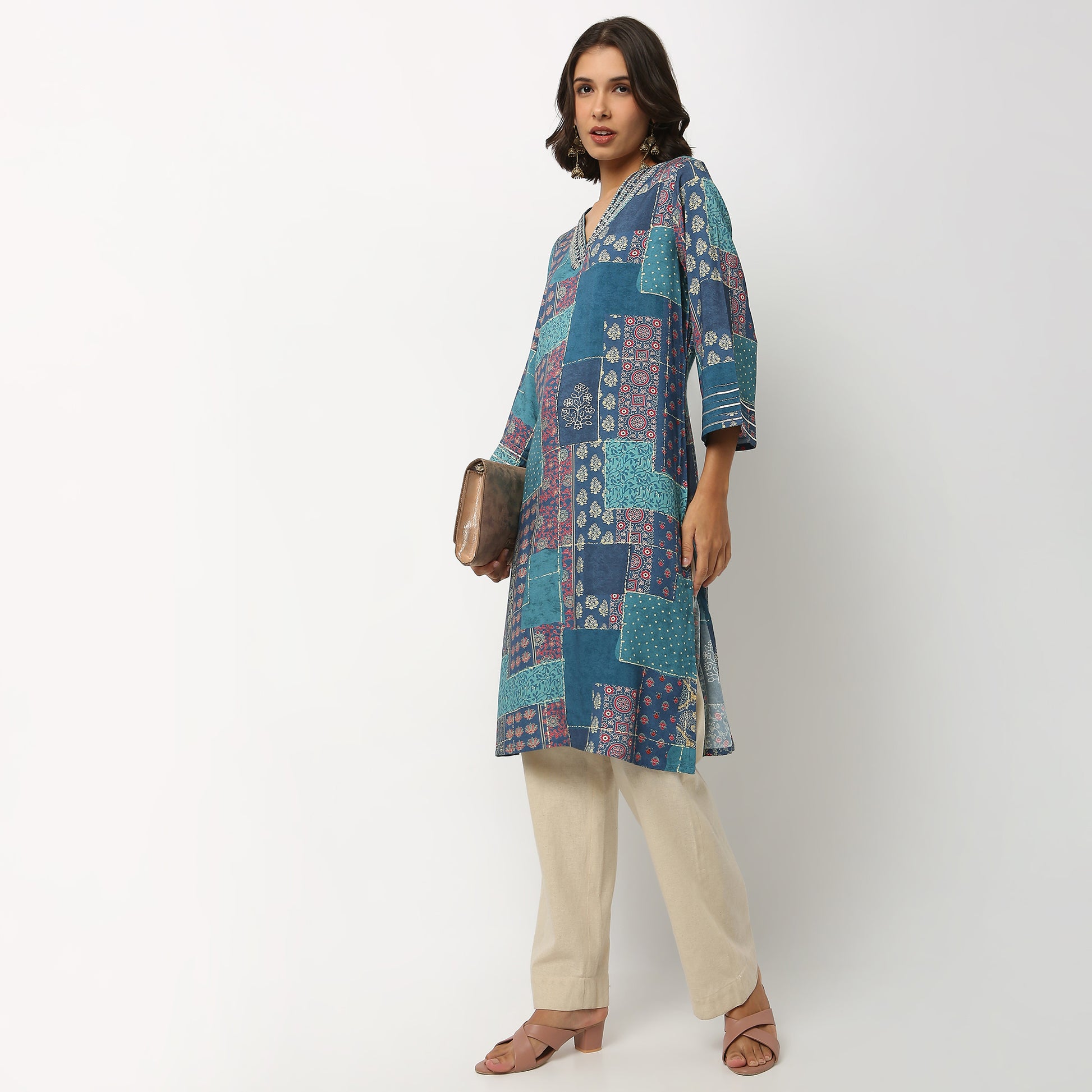 Buy Women Straight Fit Printed Three-Fourth Sleeve Kurta  - Style Union
