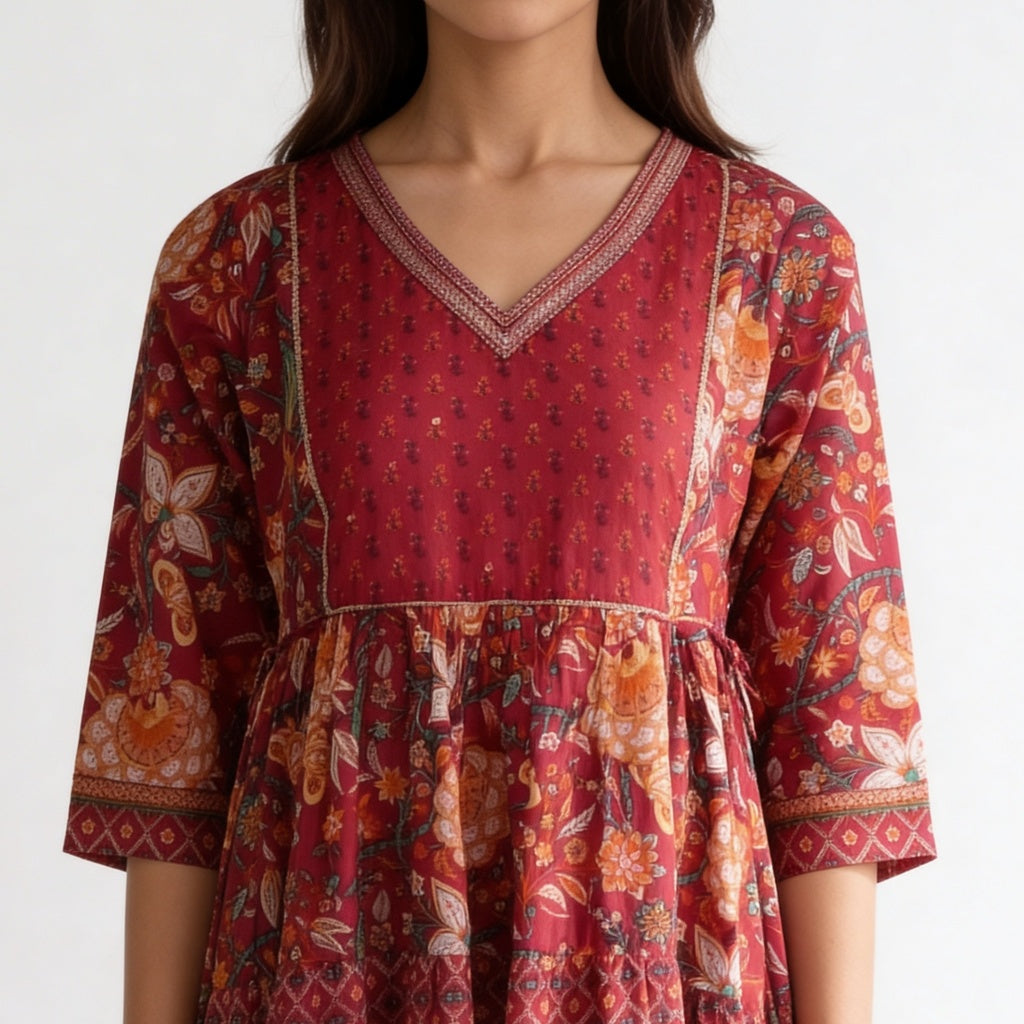 Cotton Printed V-Neck Flared Kurta
