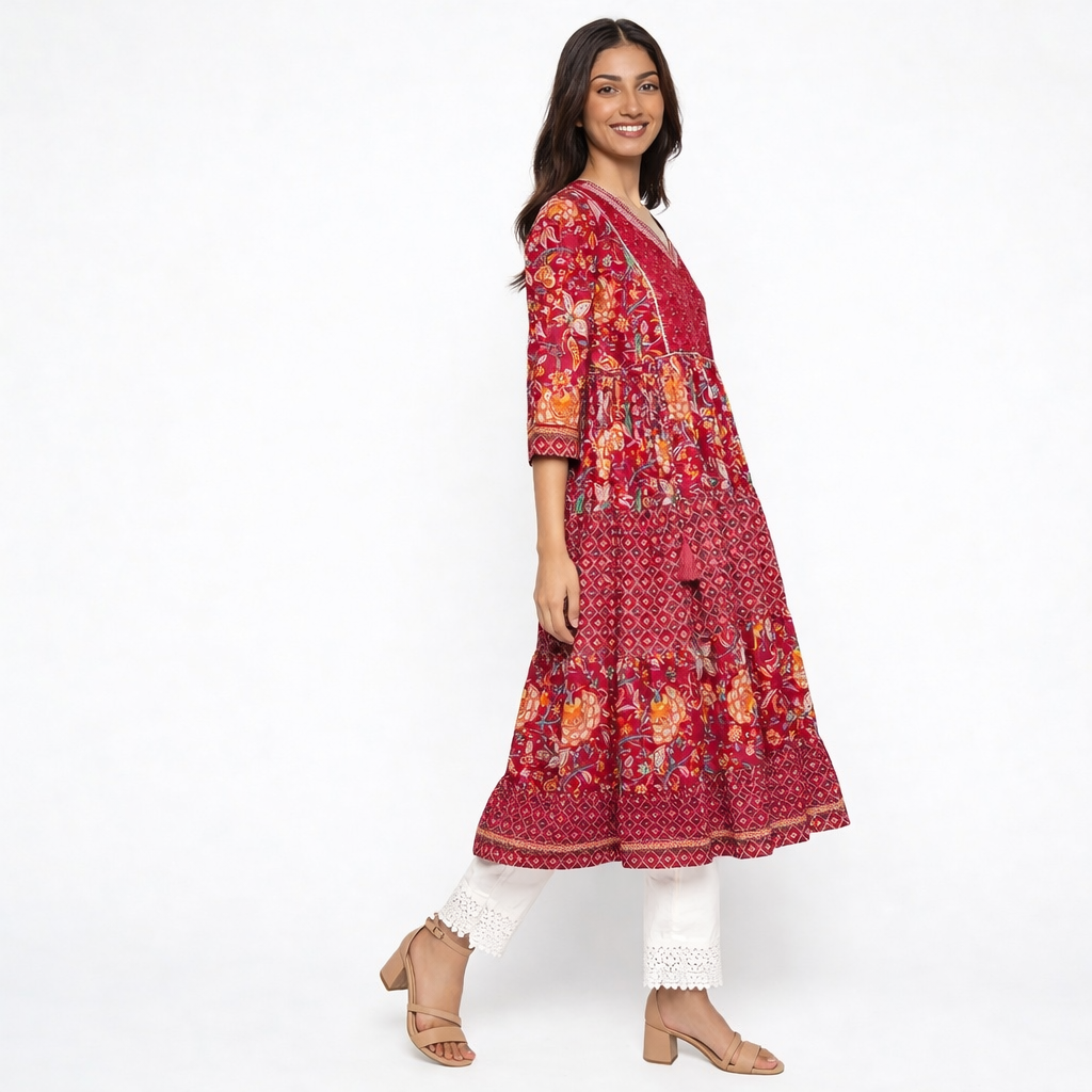 Cotton Printed V-Neck Flared Kurta