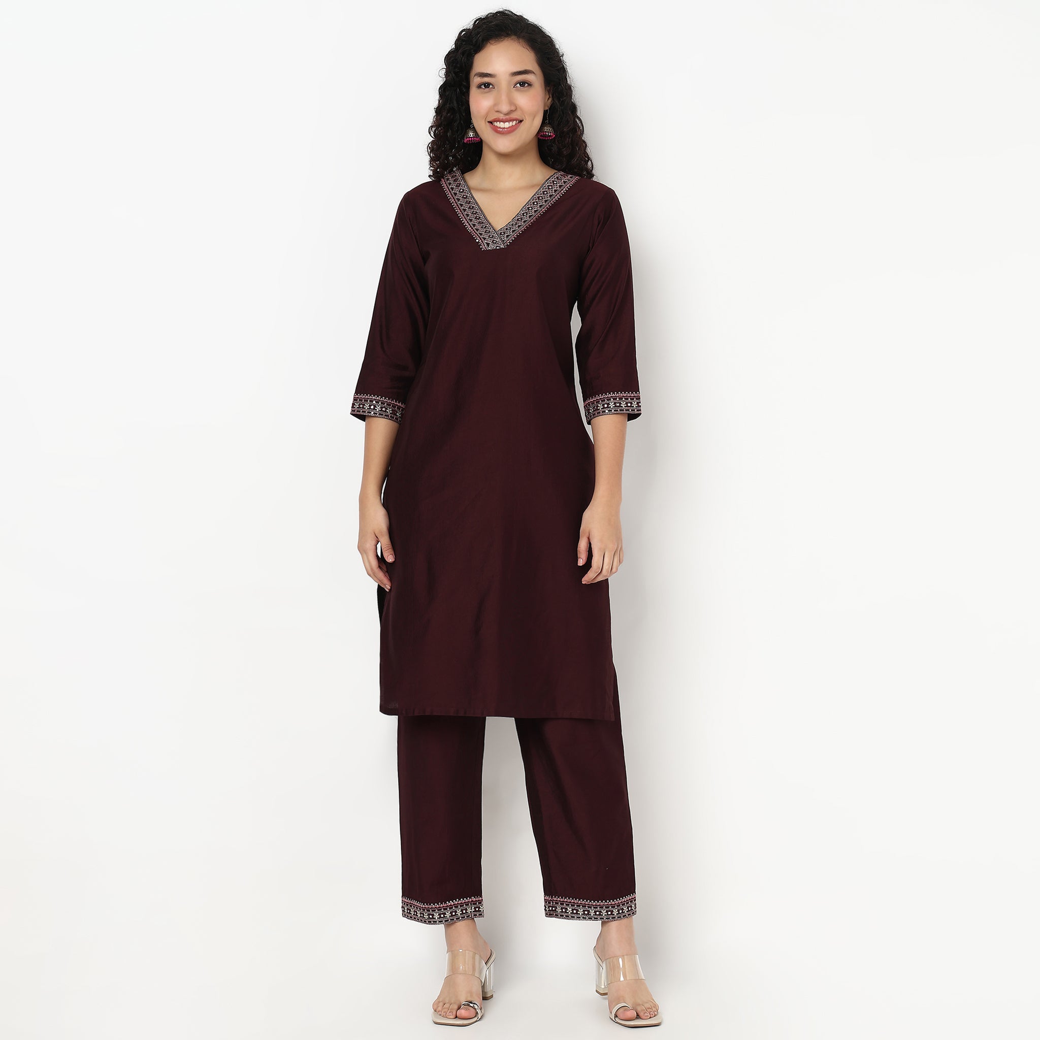 Embroidered V-Neck Straight Kurta