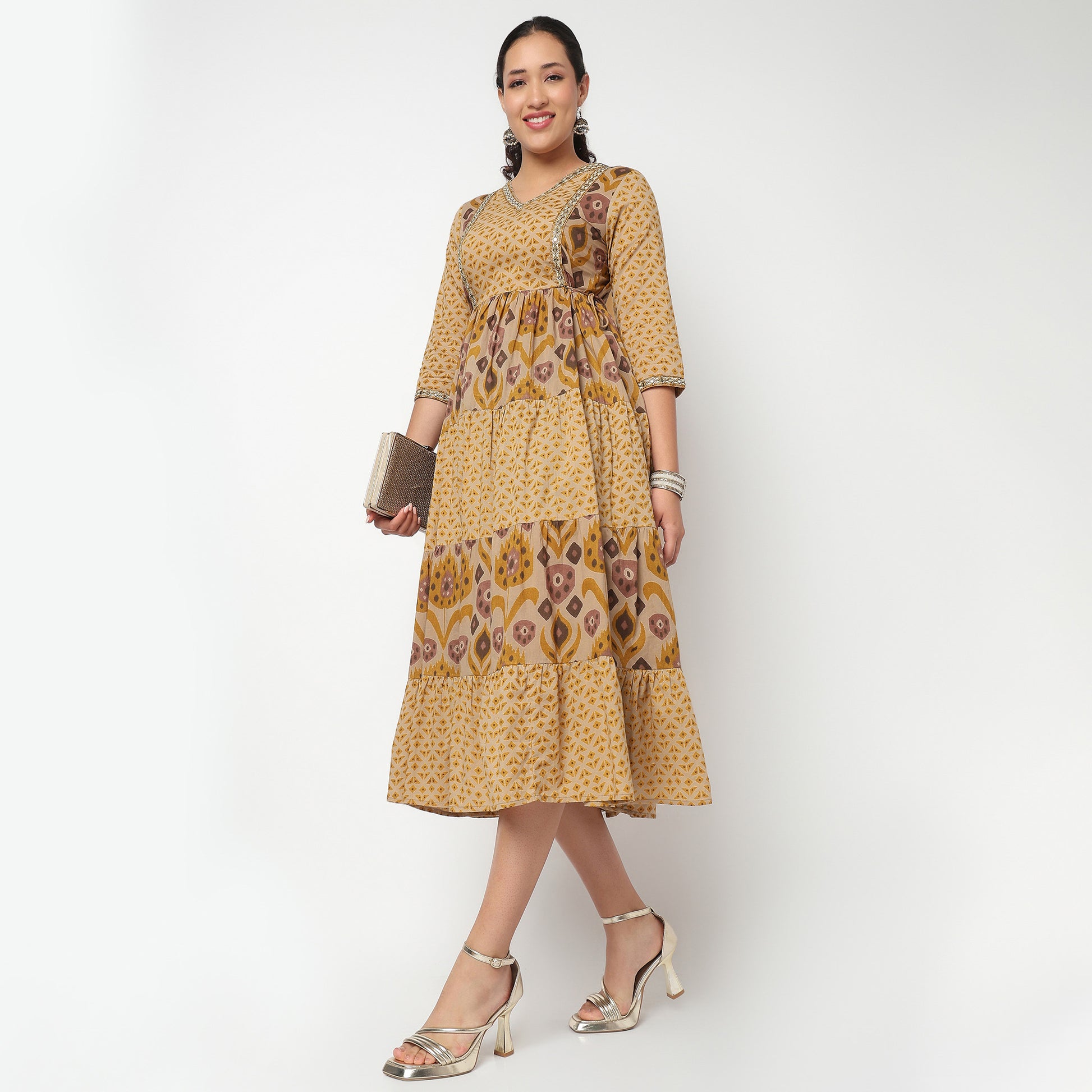 Printed V Neck Tired Kurta