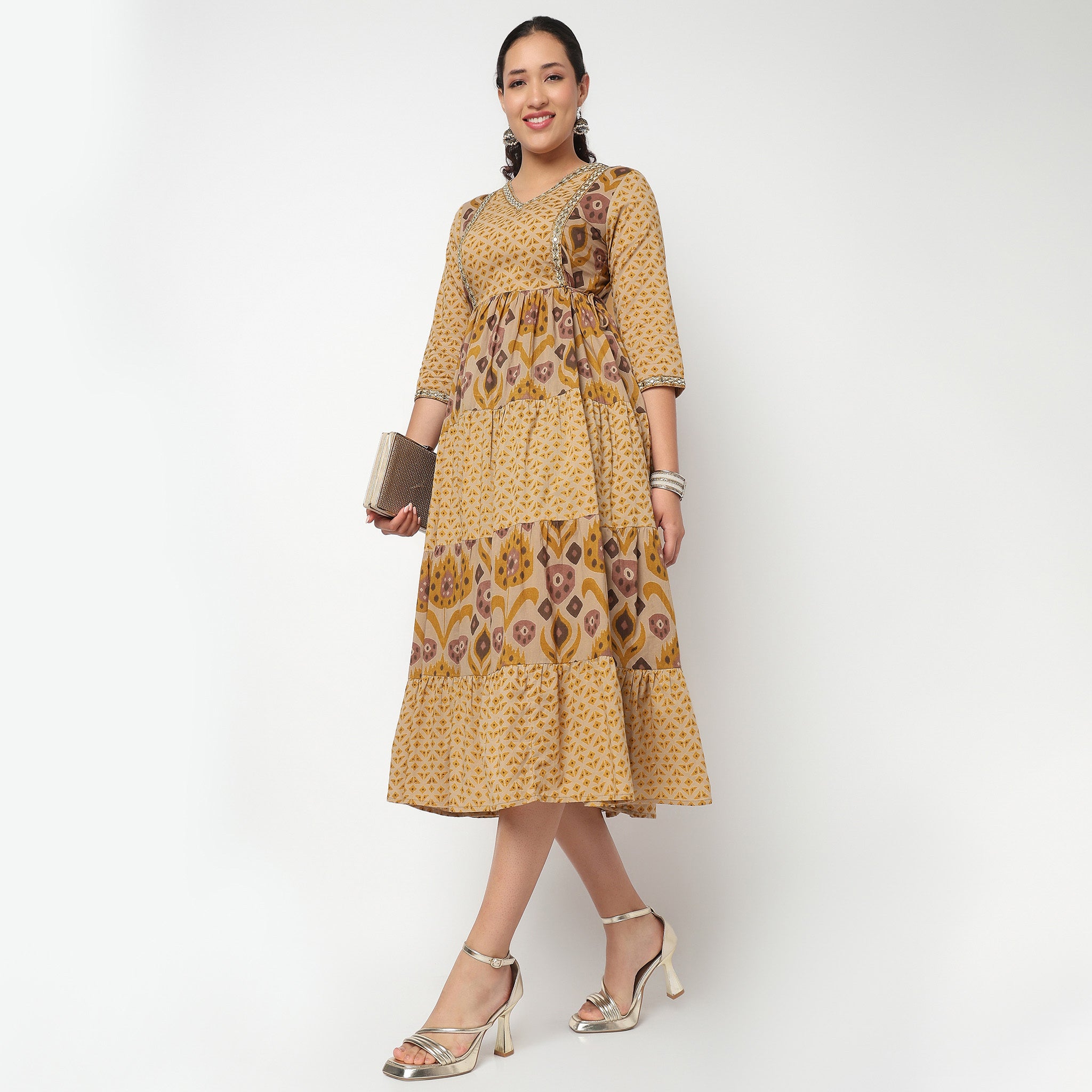 Printed V Neck Tired Kurta