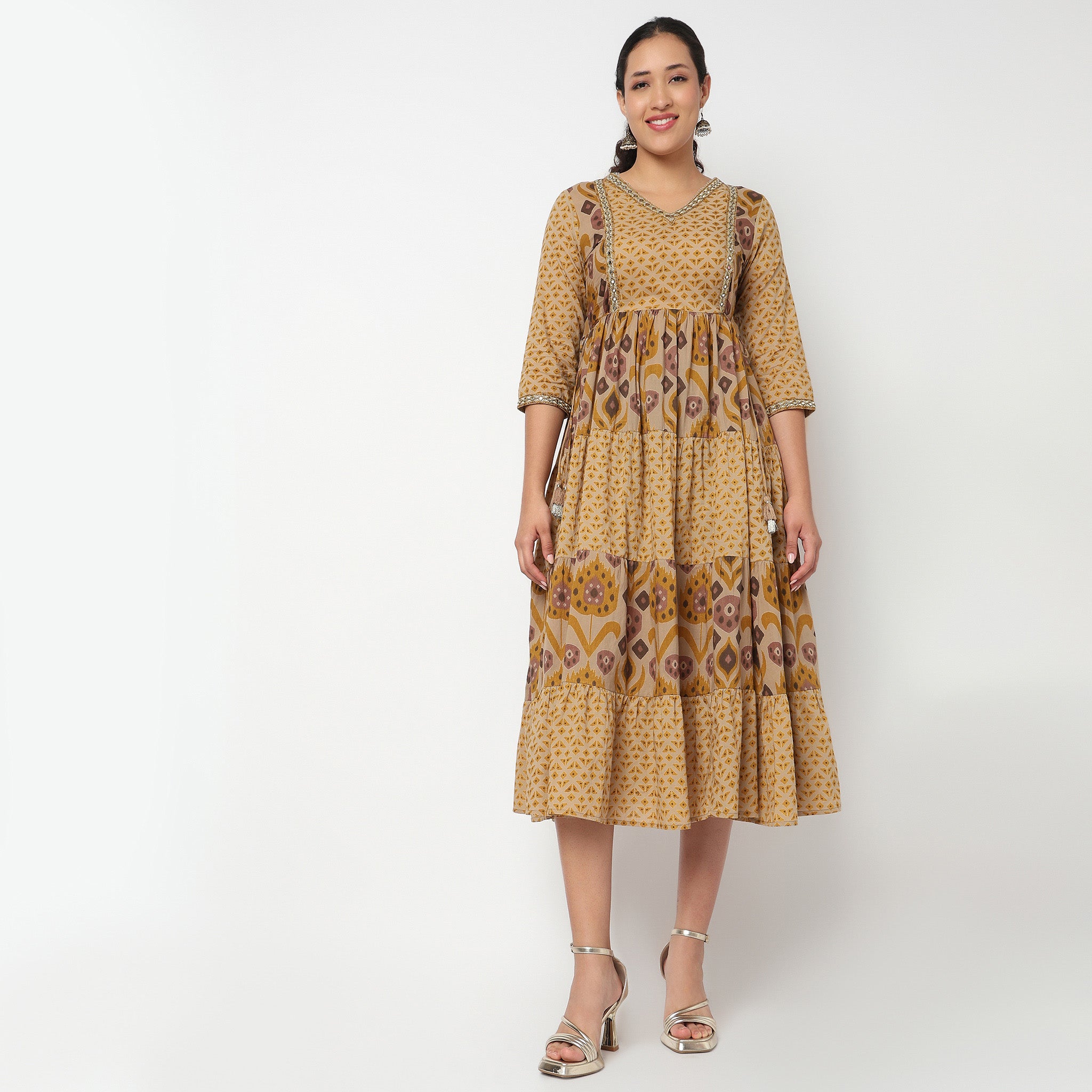 Printed V Neck Tired Kurta