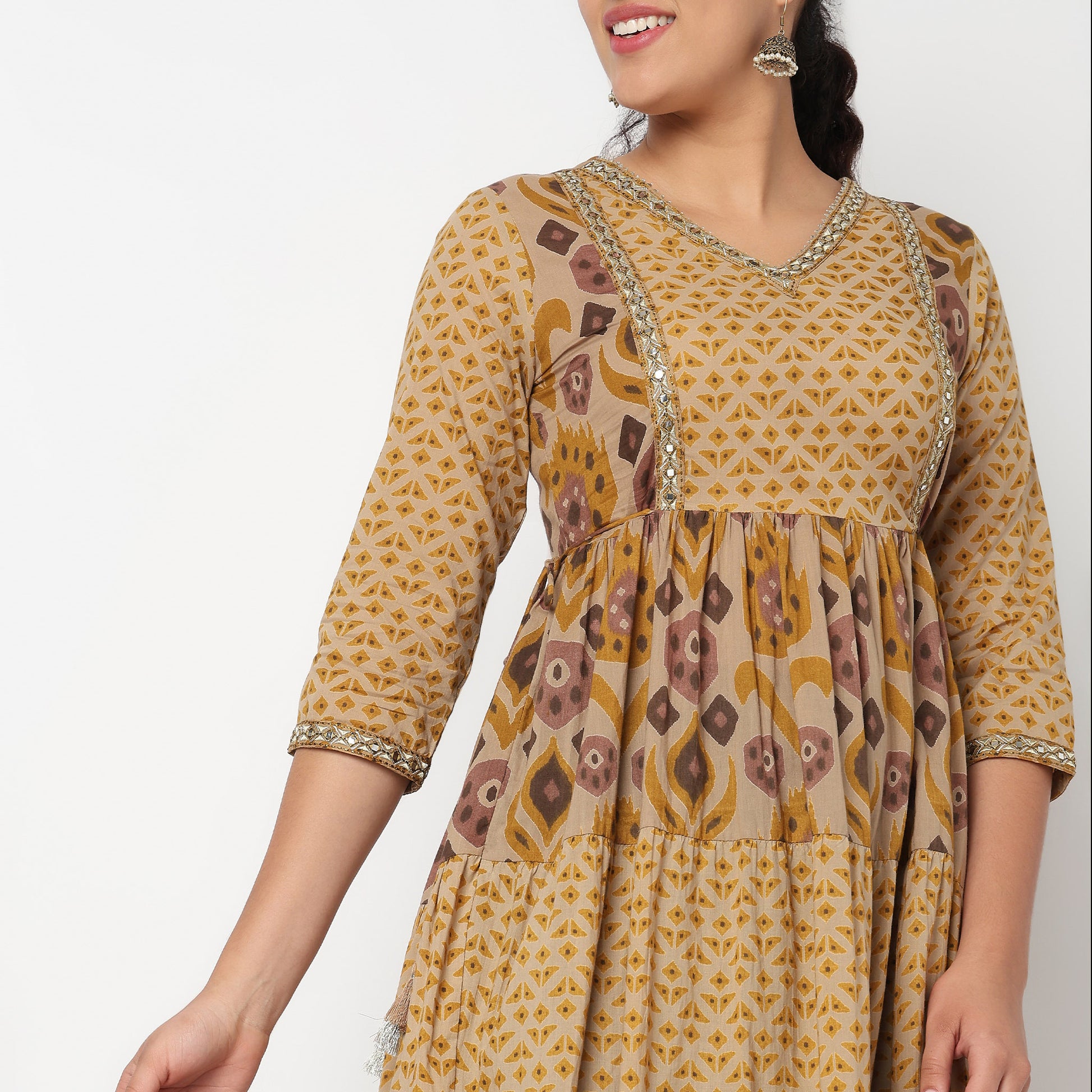Printed V Neck Tired Kurta