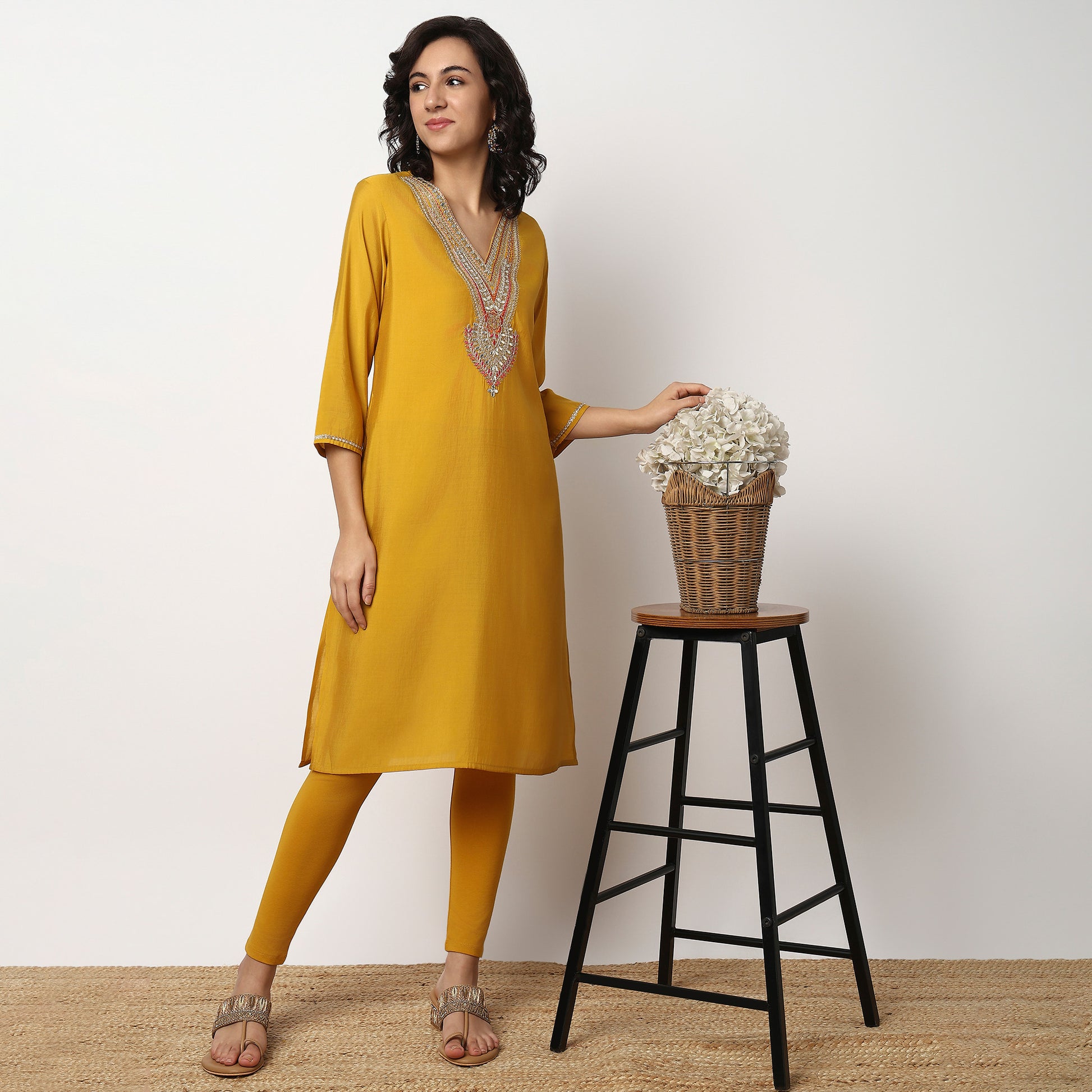 Buy Women Straight Fit Embellished Three-Fourth Sleeve Kurta  - Style Union