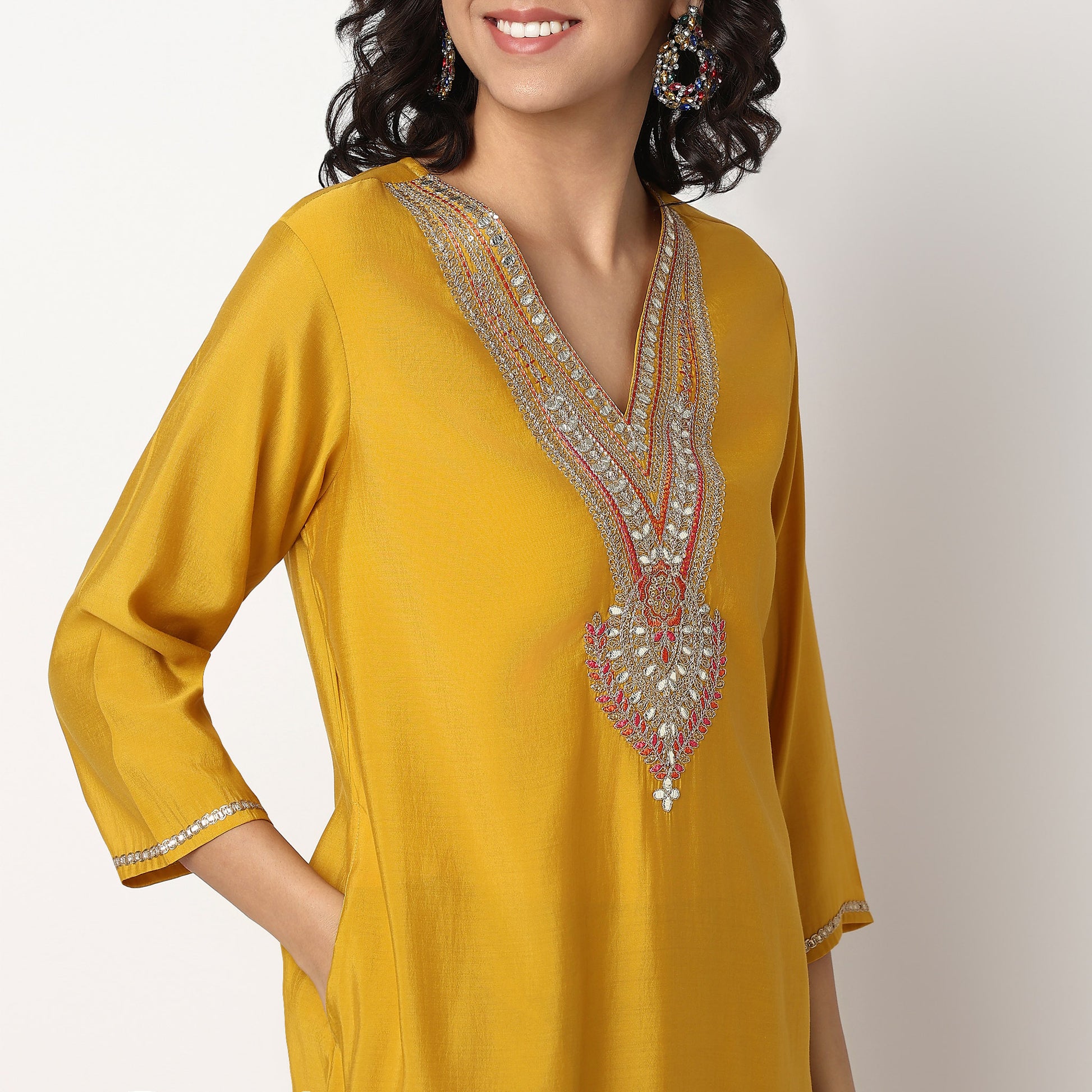 Buy Women Straight Fit Embellished Three-Fourth Sleeve Kurta  - Style Union