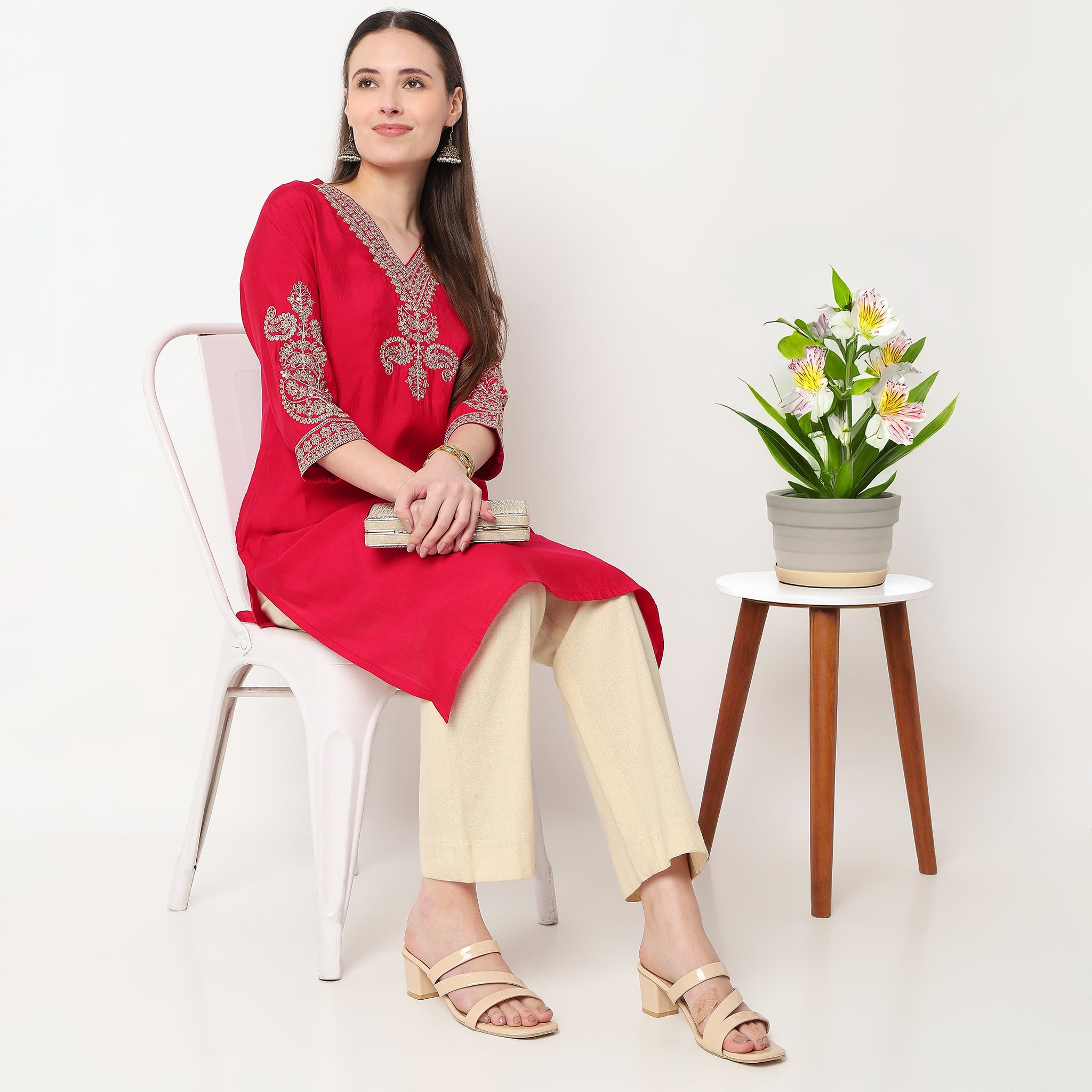 V-Neck Embroidered Kurta