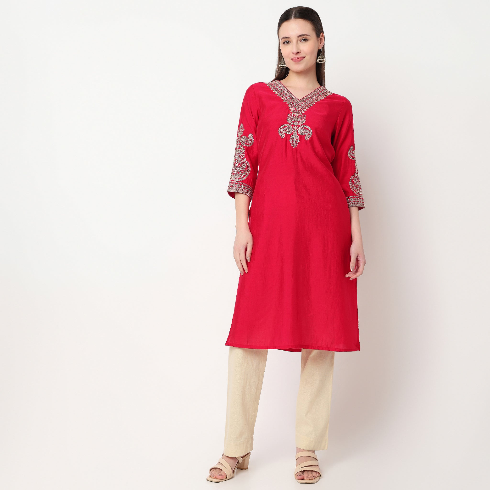V-Neck Embroidered Kurta