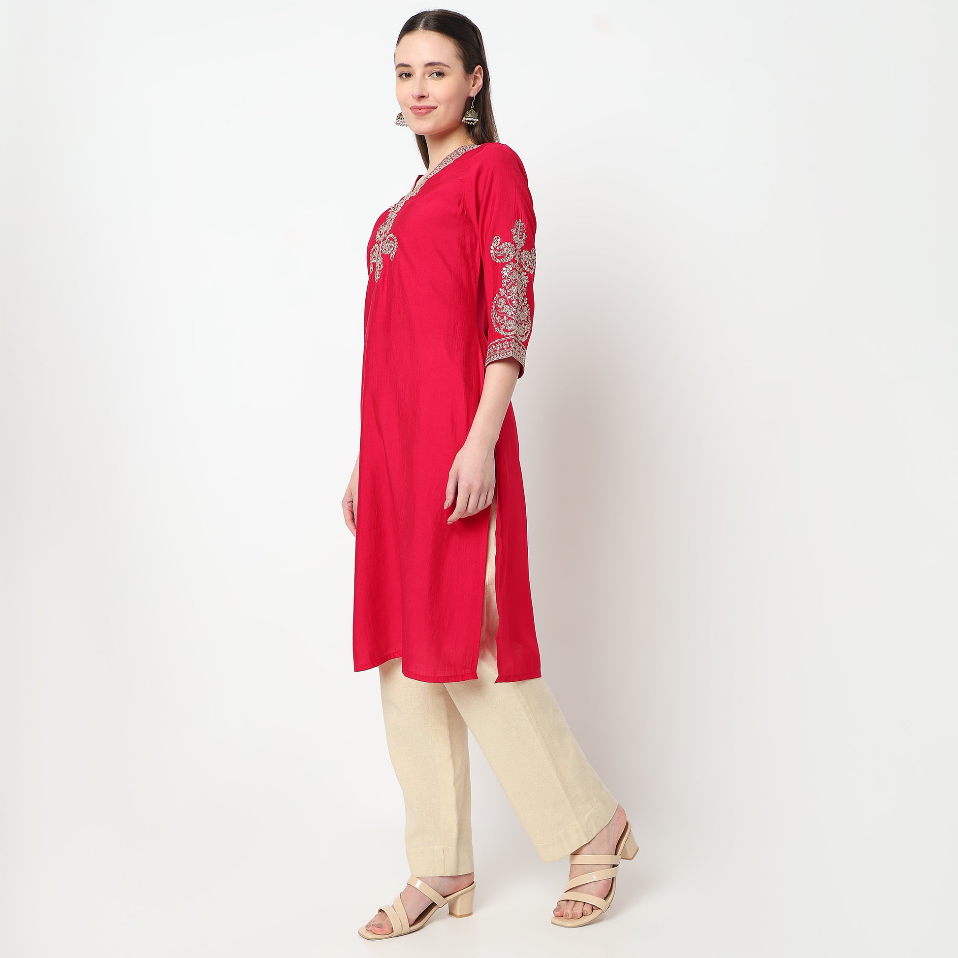 V-Neck Embroidered Kurta