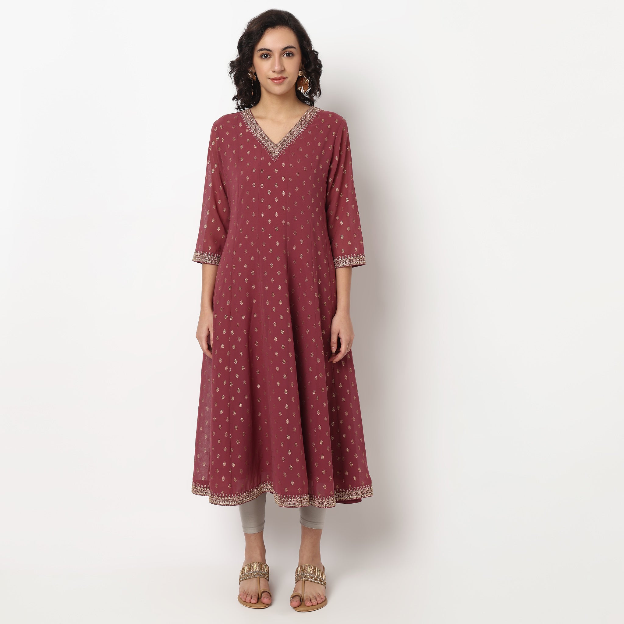 Buy Women Flare Fit Foil Print Three-Fourth Sleeve Kurta  - Style Union