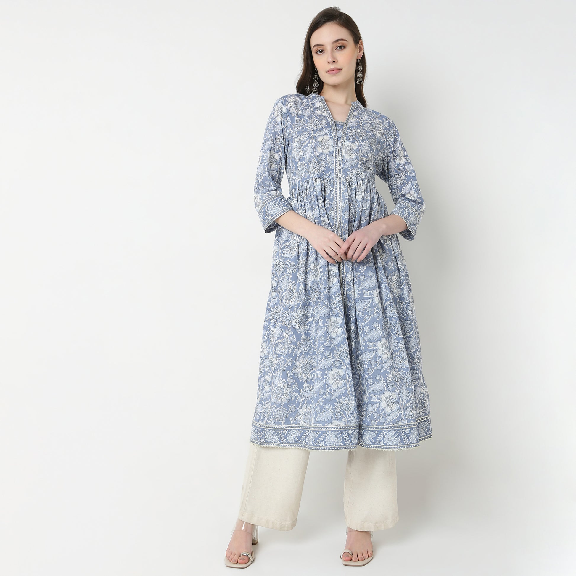 Printed V-Neck Flared Kurta