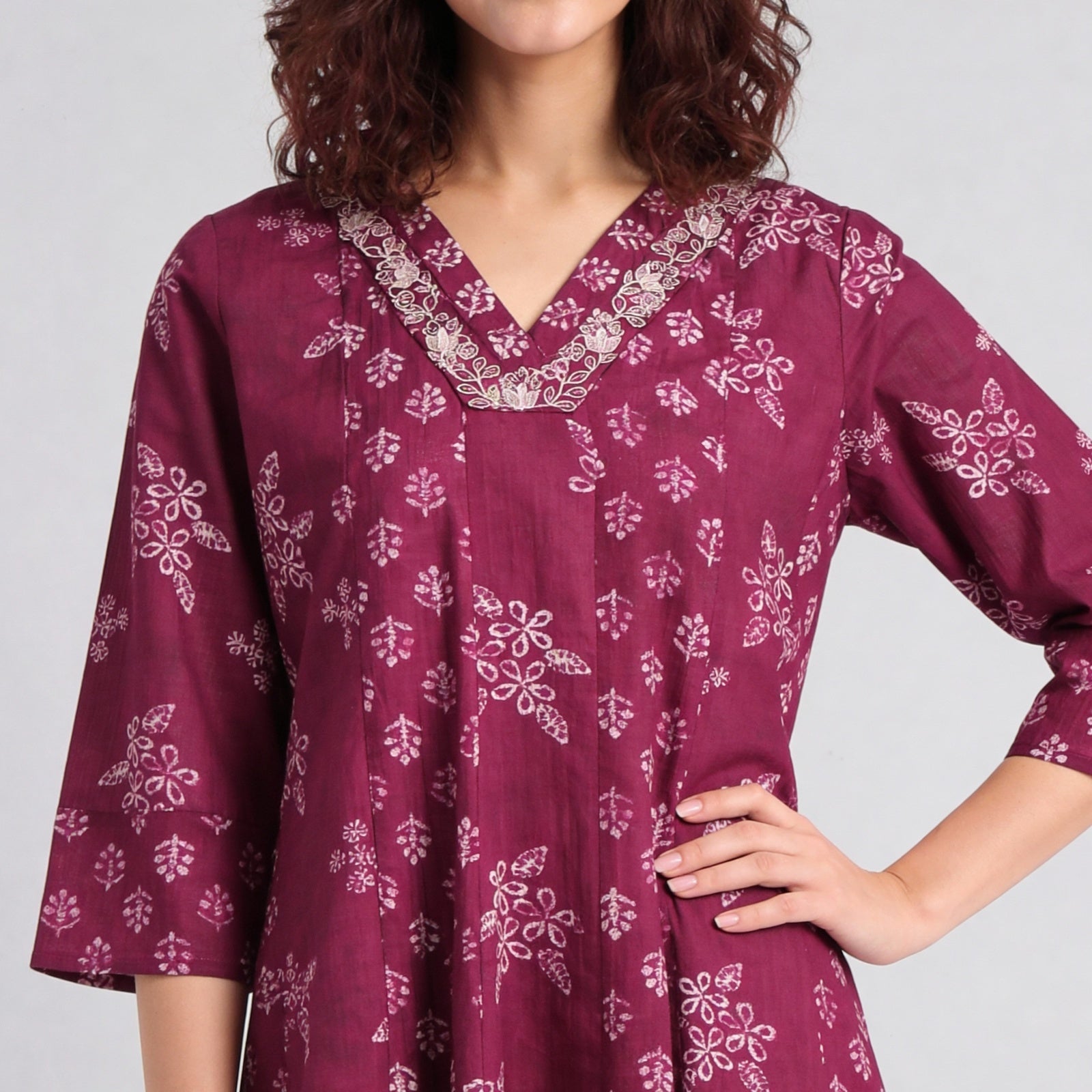 Cotton Printed V-Neck Kalidar Kurta