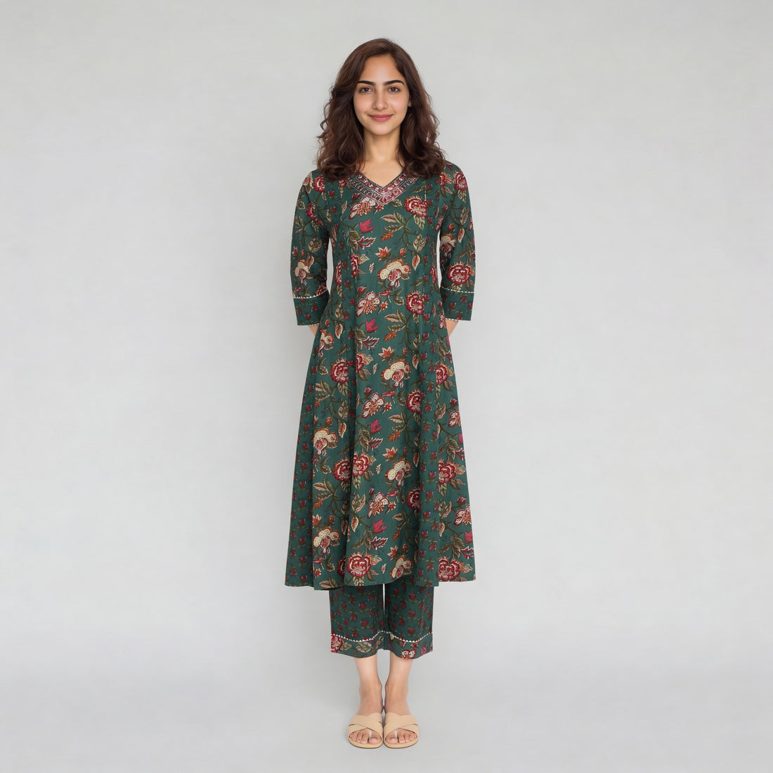 Cotton Printed V-Neck Kalidar Kurta