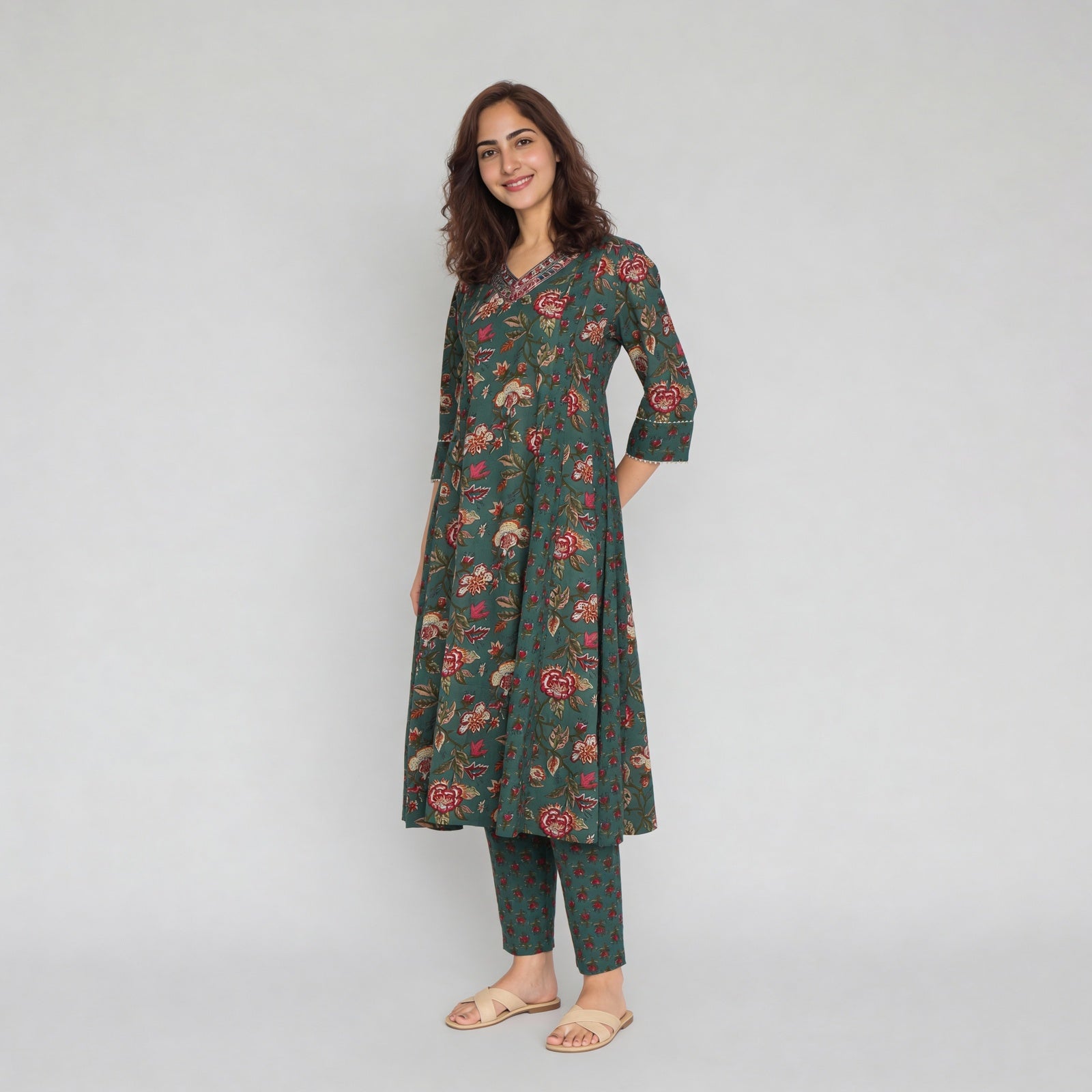 Cotton Printed V-Neck Kalidar Kurta