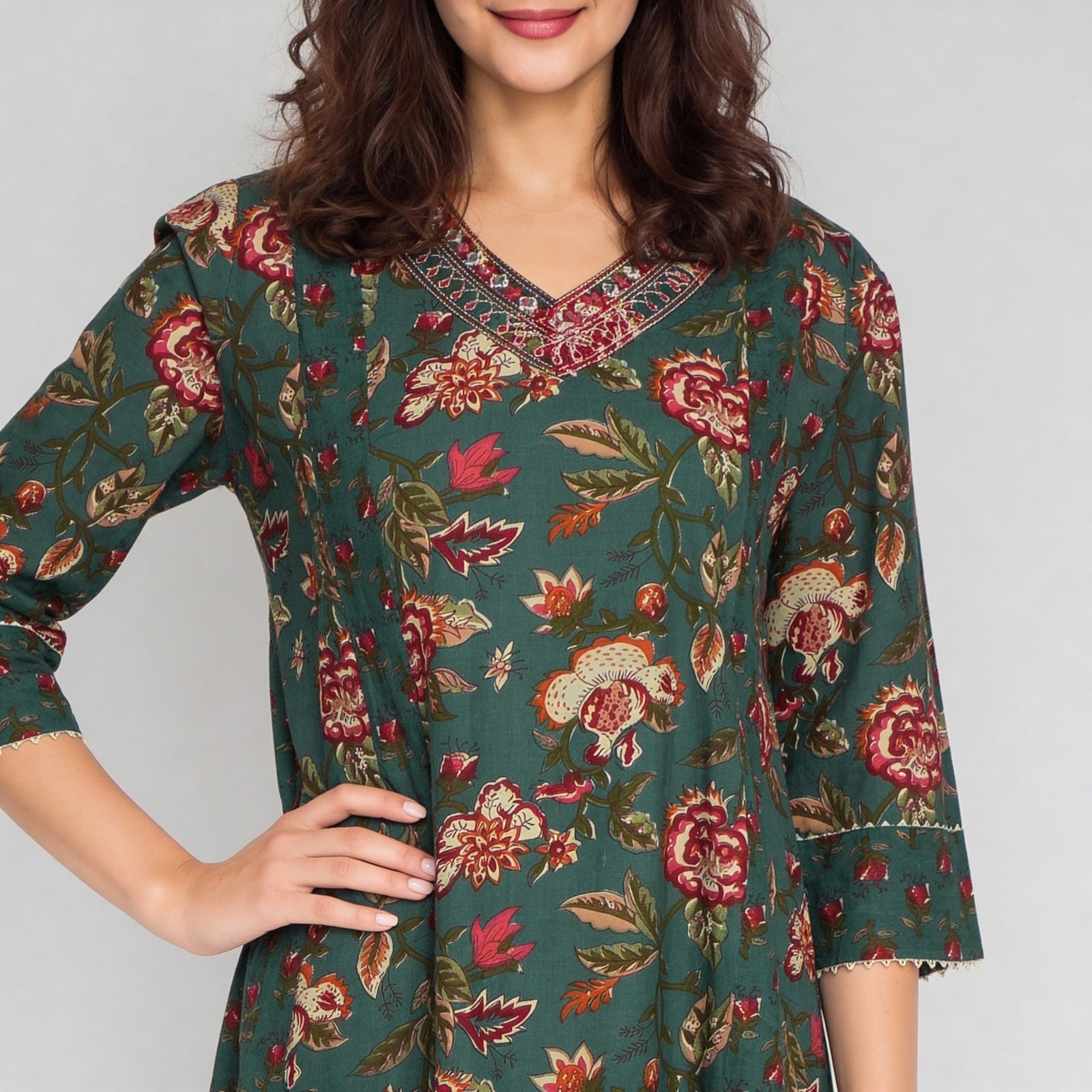 Cotton Printed V-Neck Kalidar Kurta