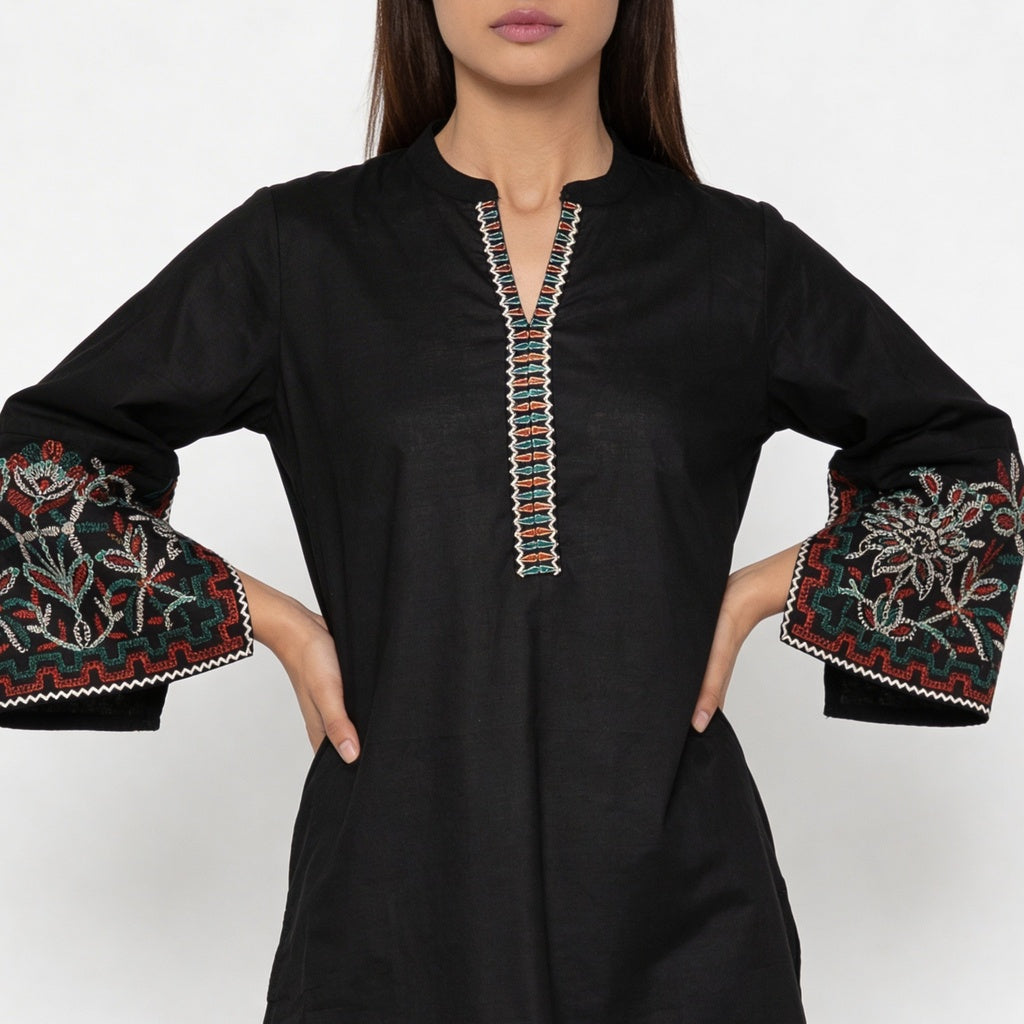 Cotton Embroidered V-Neck Kurta