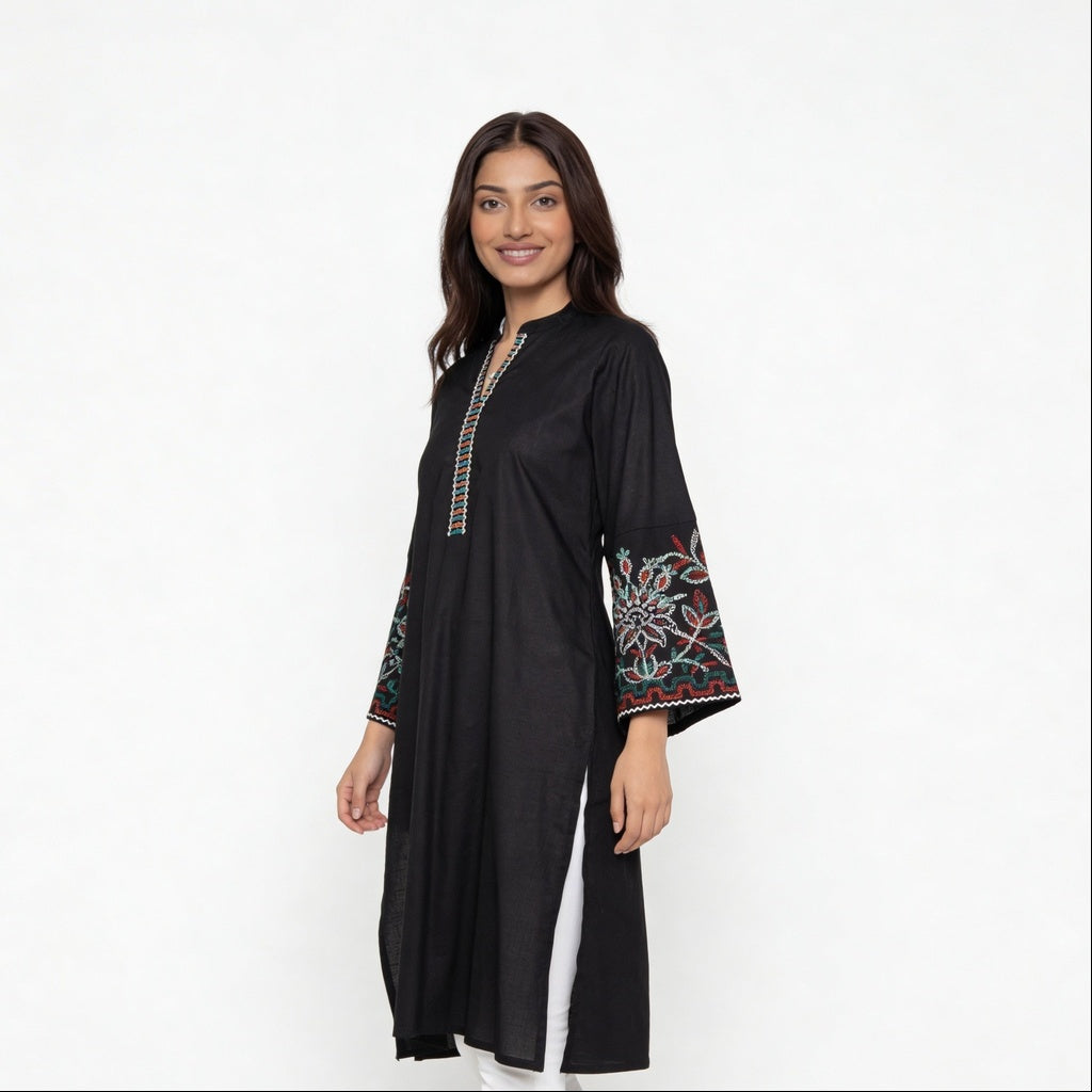 Cotton Embroidered V-Neck Kurta