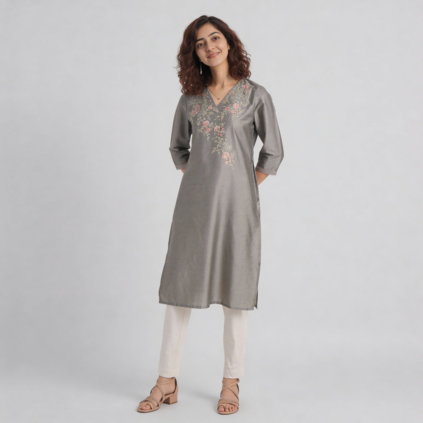 V-Neck Embroidered Straight Kurta