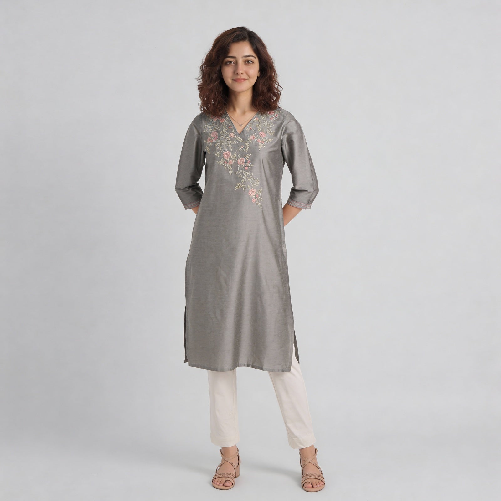 V-Neck Embroidered Straight Kurta
