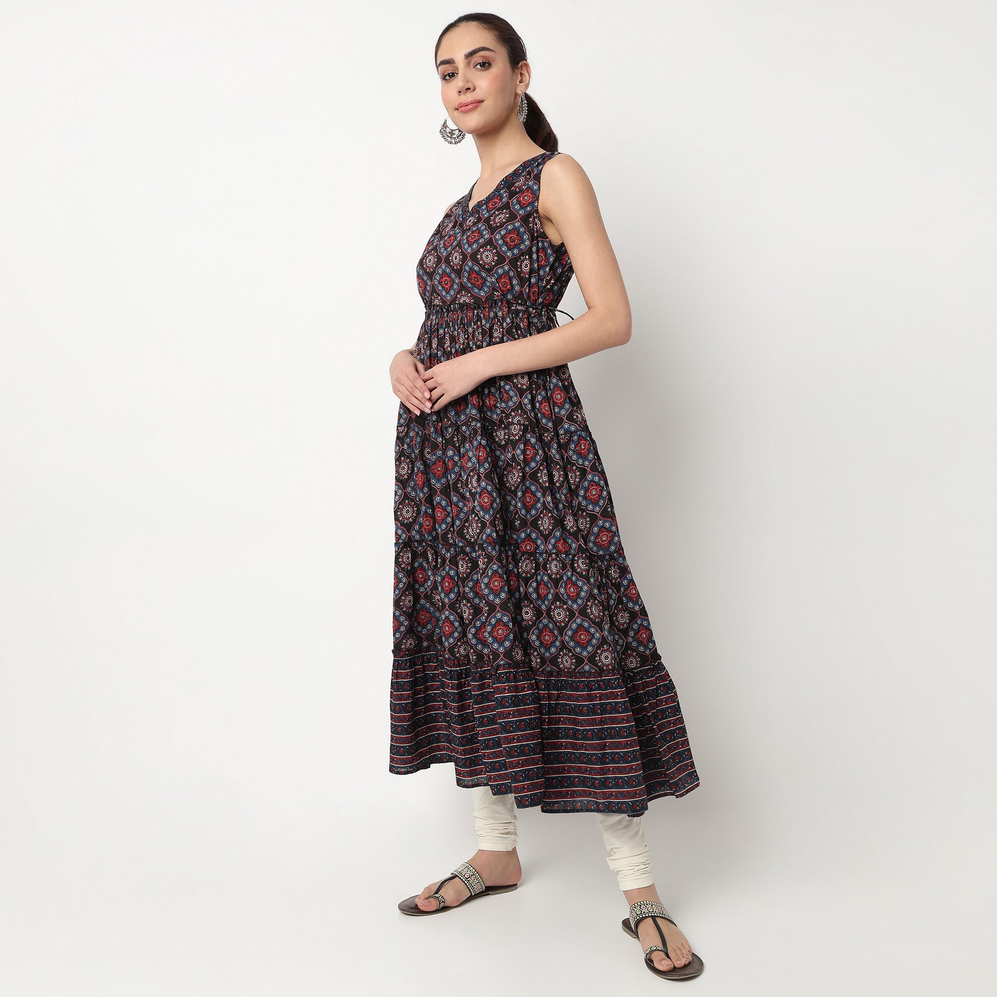 V-Neck Printed Flared Kurta